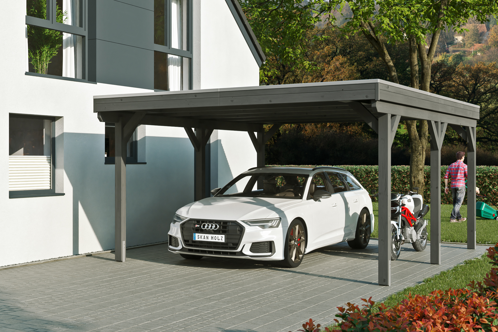 Ambientebild: Carport Grunewald 427 x 554 cm, farblich behandelt in schiefergrau
