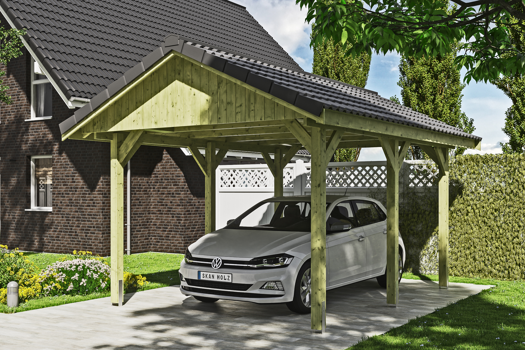 Ambientebild: Carport Wallgau 380 x 500 cm, mit Dachziegeln, grün imprägniert 