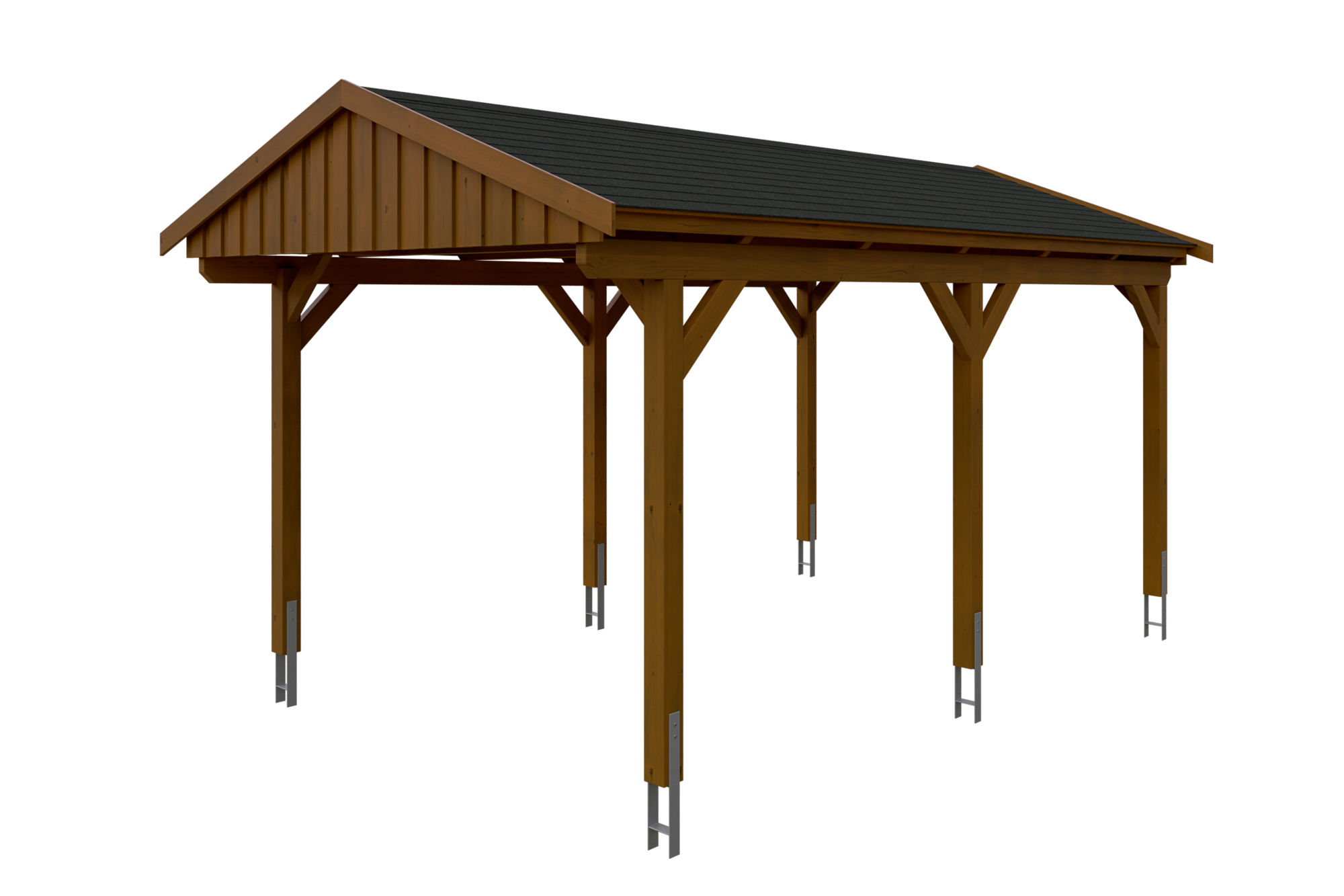 Produktbild: Carport Fichtelberg 317 x 566 cm, farblich behandelt in nussbaum, mit schwarzen Dachschindeln