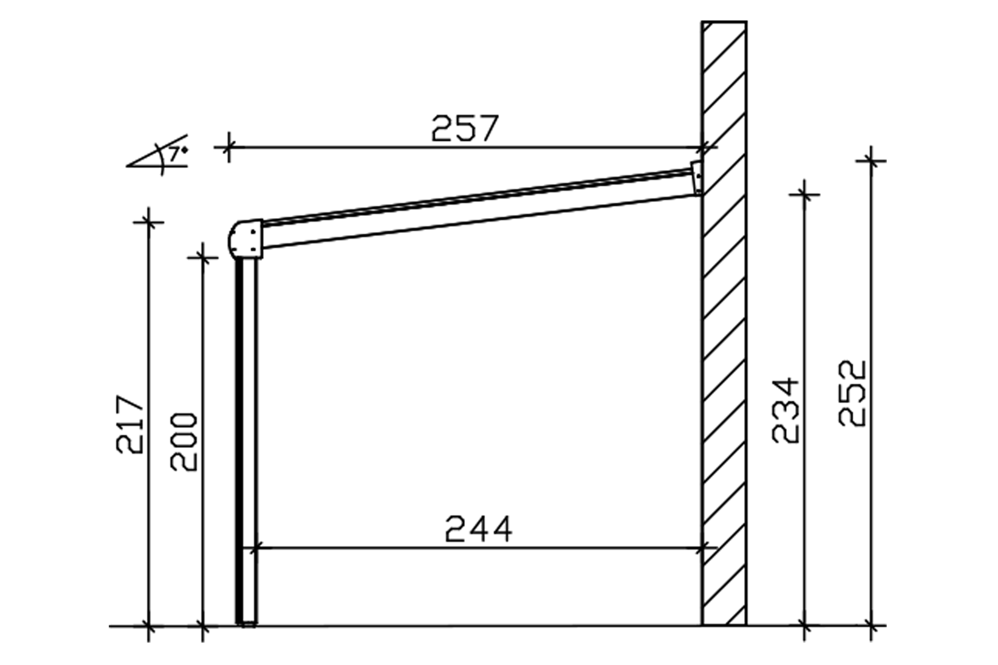 Grafik (Schnitt): Terrassenüberdachung Genua, Tiefe 257 cm