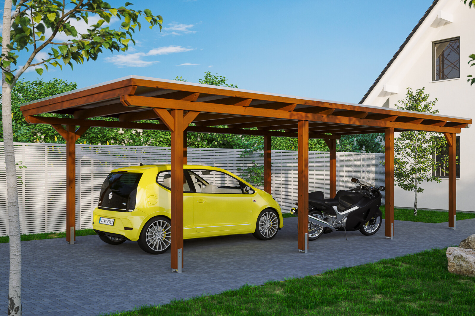 Carport EMSLAND 404x846cm, avec panneaux de toit en aluminium, bois lamellé-collé, traitement coloré noyer