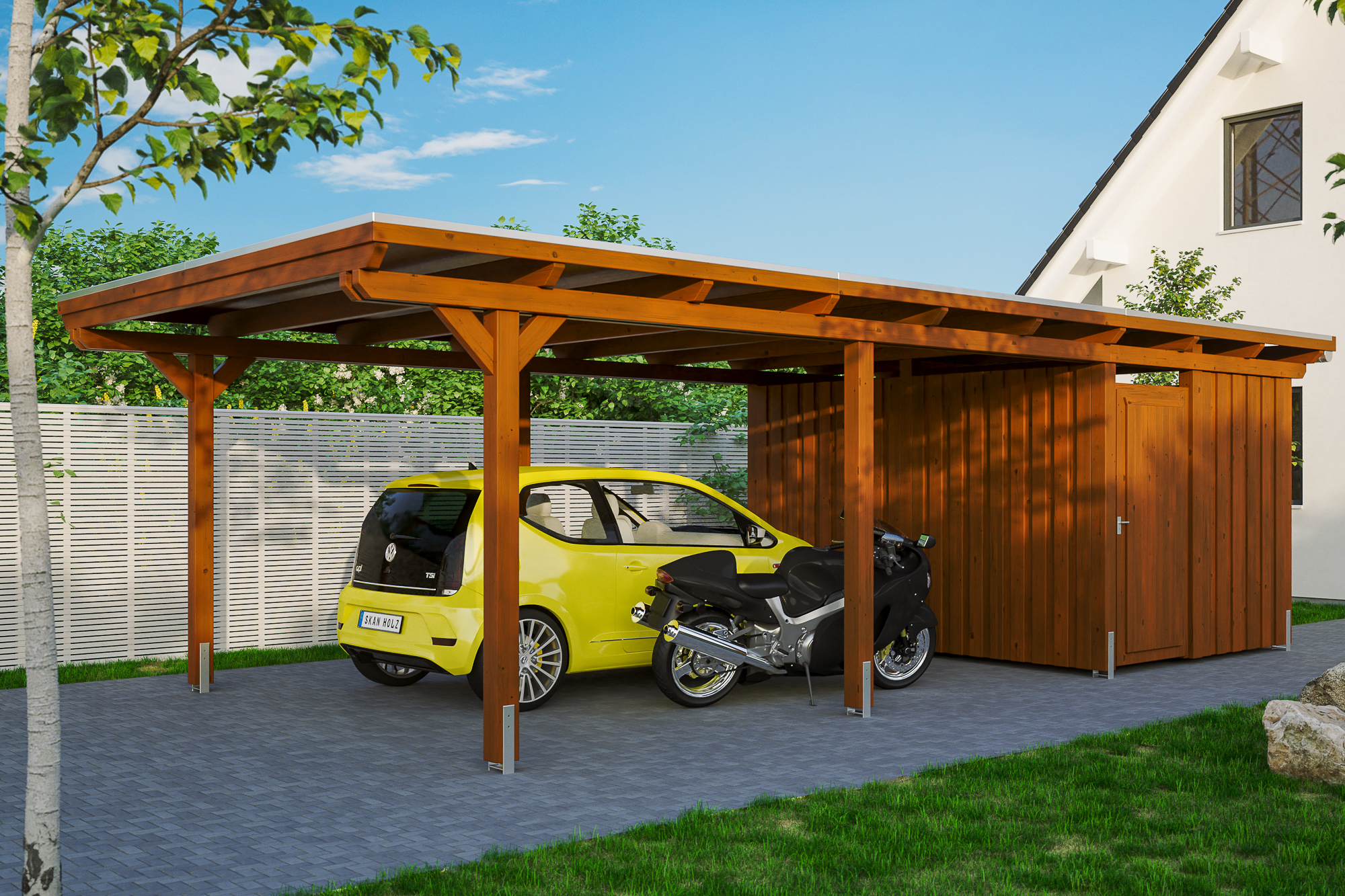 Ambientebild: Carport Emsland 404 x 846 cm mit Abstellraum, farblich behandelt in nussbaum
