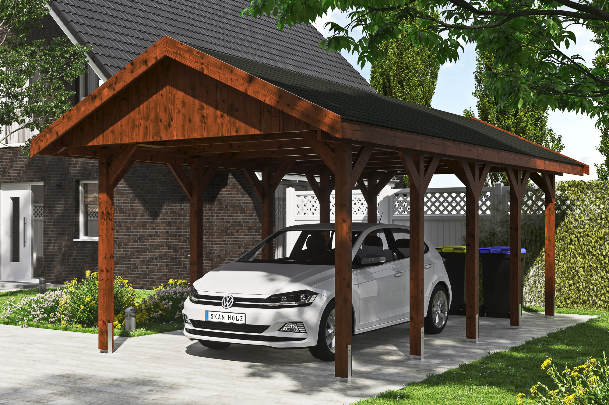 Ambientebild: Carport Wallgau 380 x 750 cm, mit schwarzen Dachschindeln, farblich behandelt in nussbaum