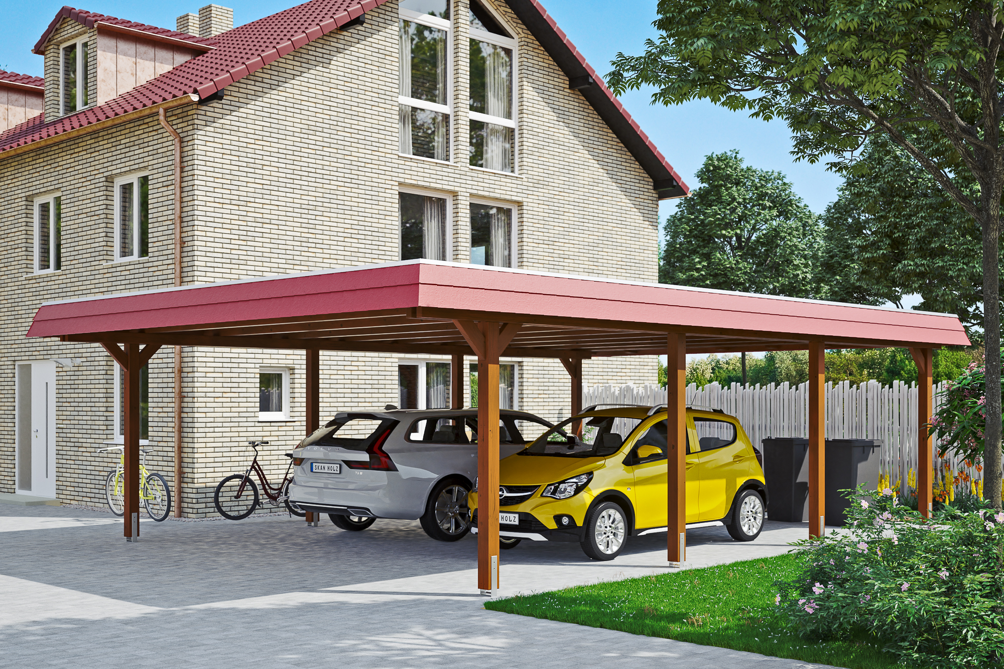 Ambientebild: Carport Wendland 630 x 879 cm, mit roter Blende, farblich behandelt in nussbaum