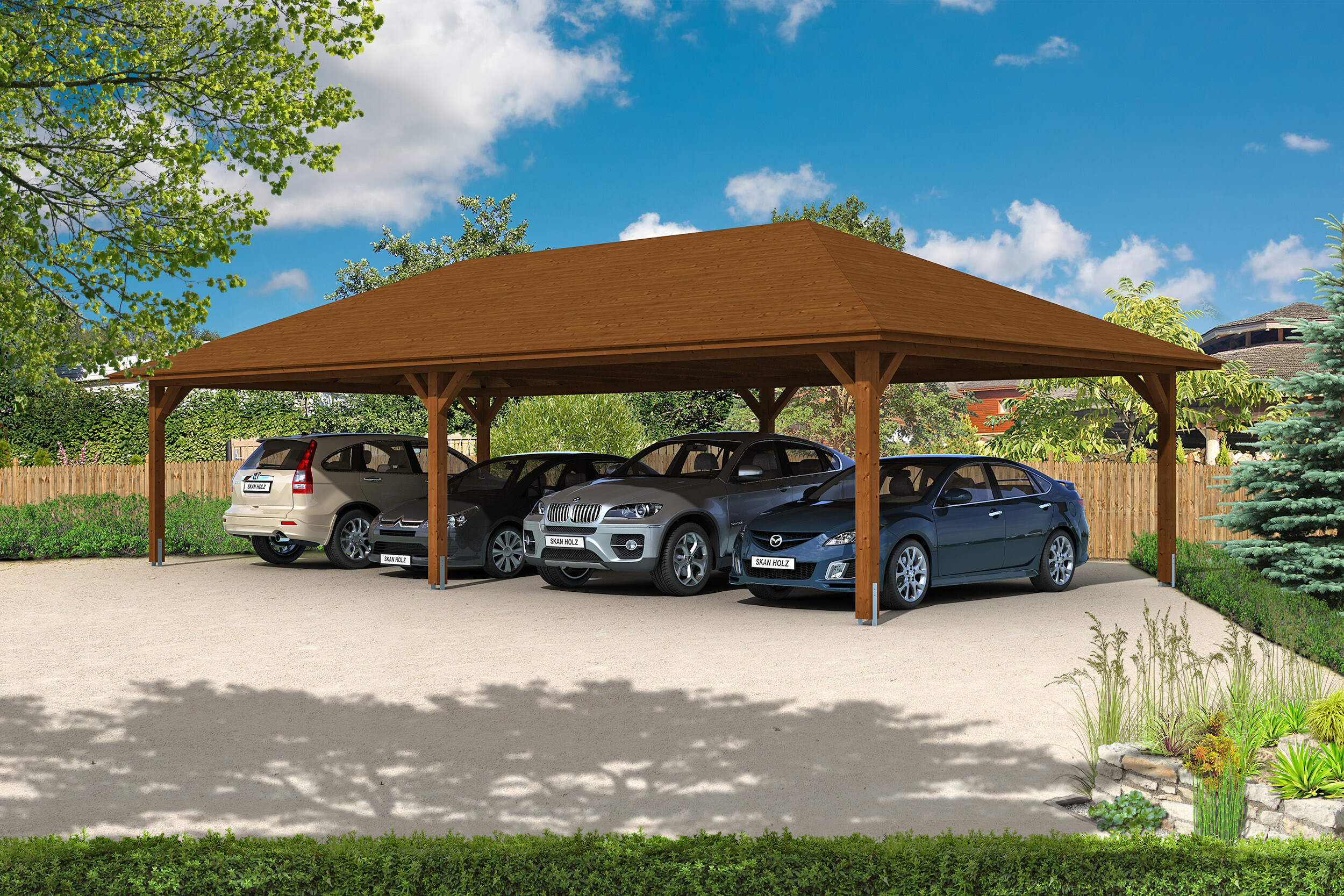 Carport Taunus 1176 x 634 cm, gelakt in noten