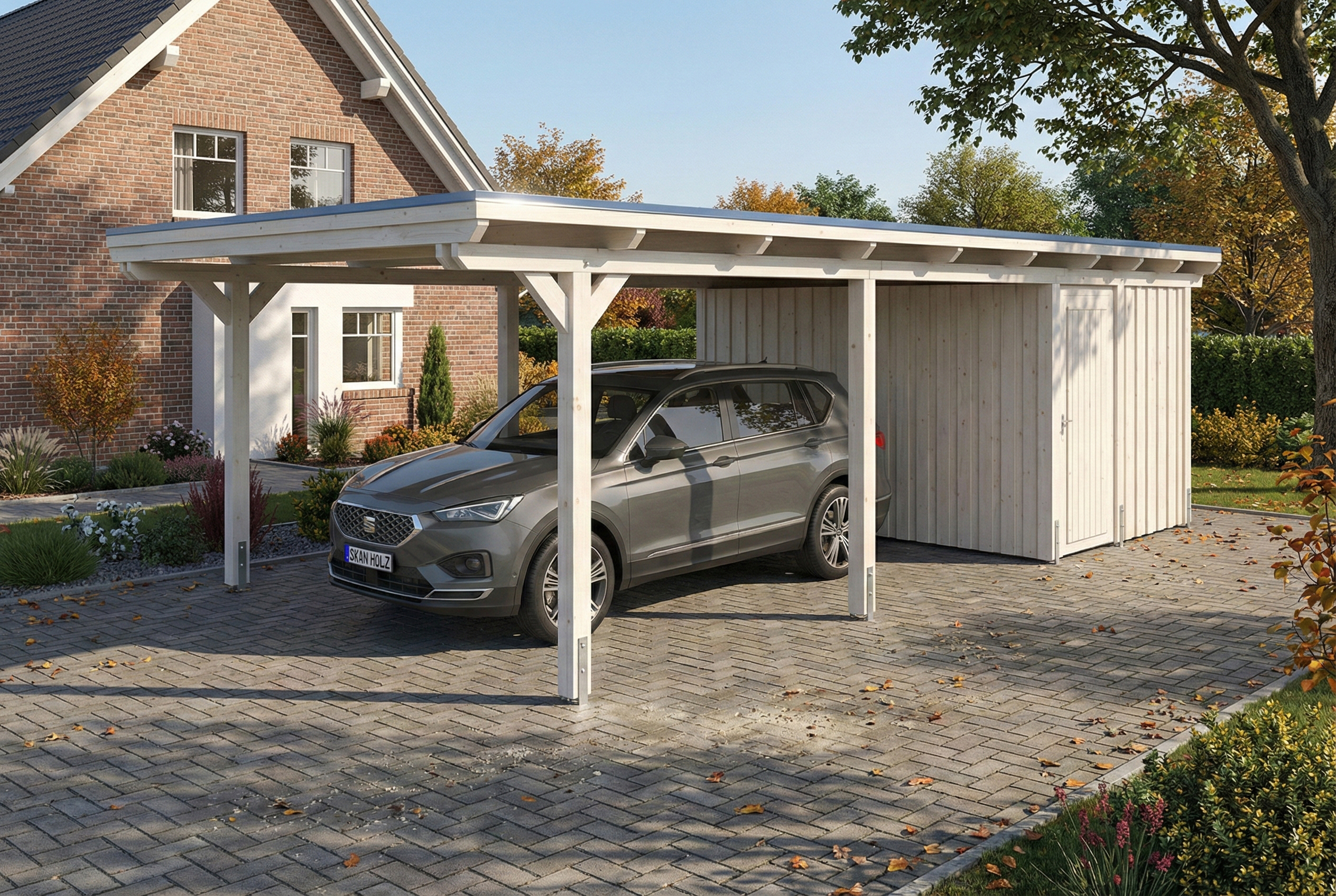 Carport Emsland 402 x 846 cm, panneaux de toit en acier avec non-tissé anti-condensation, avec remise, blanc