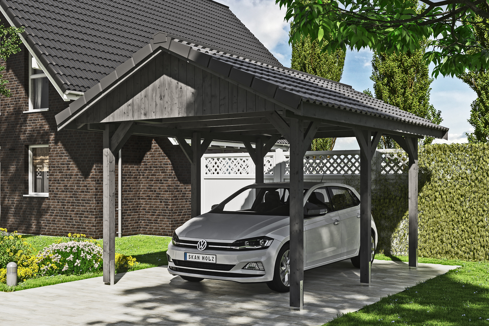 Ambientebild: Carport Wallgau 380 x 500 cm, mit Dachziegeln, farblich behandelt in schiefergrau