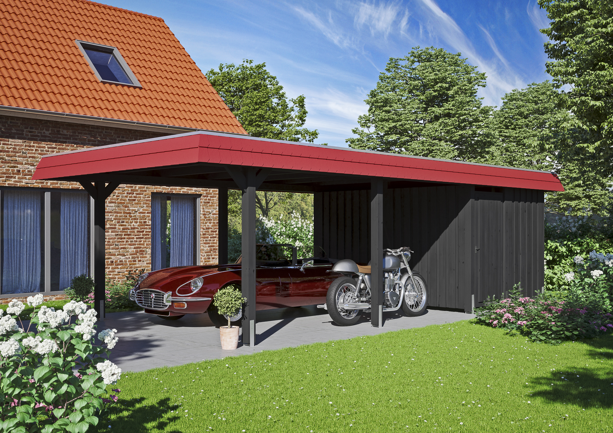 Ambientebild: Carport Wendland 409 x 870 cm, mit Abstellraum, mit roter Blende, farblich behandelt in anthrazit