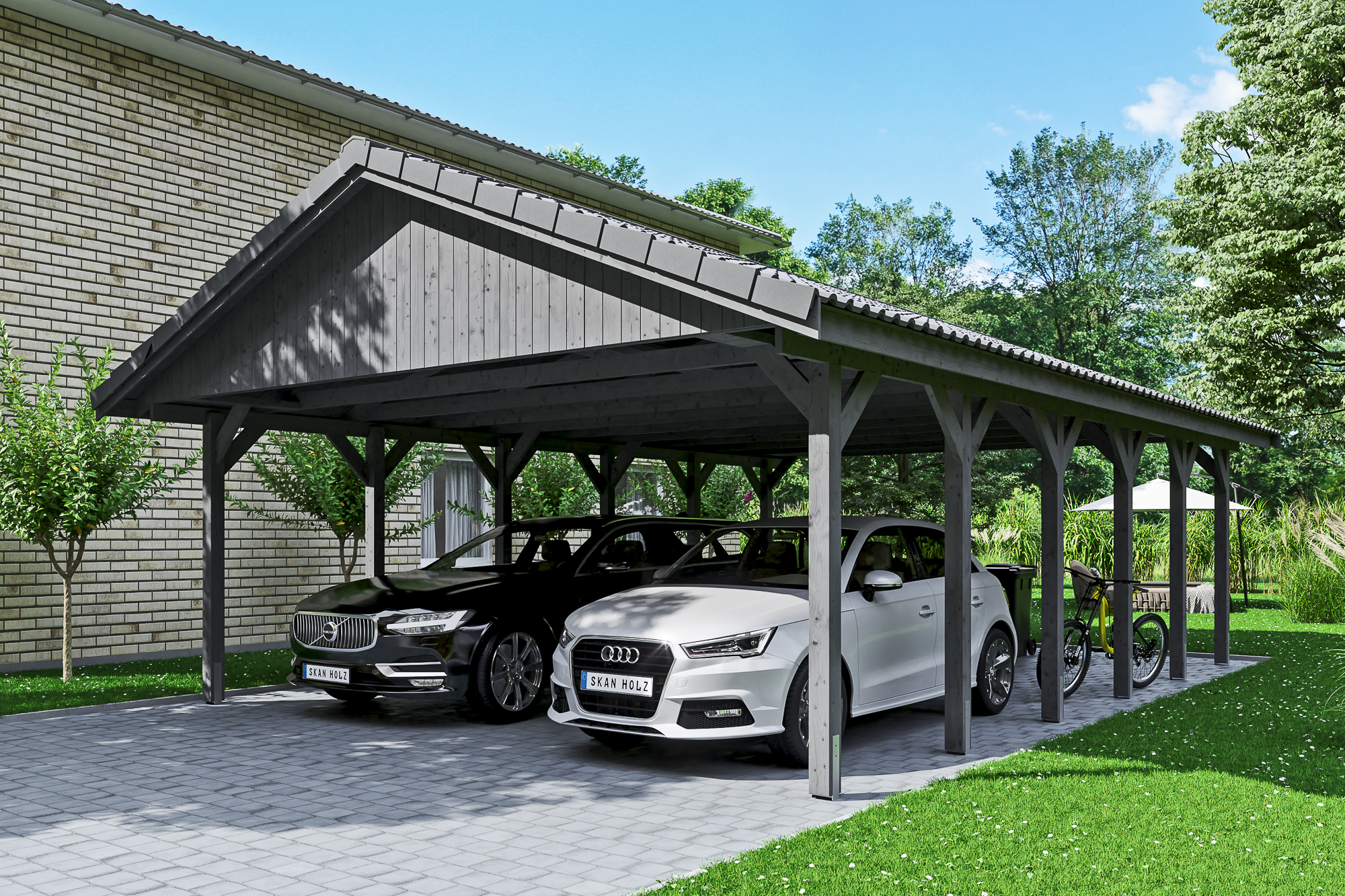 Ambientebild: Carport Wallgau 620 x 900 cm, mit Dachziegeln, farblich behandelt in schiefergrau
