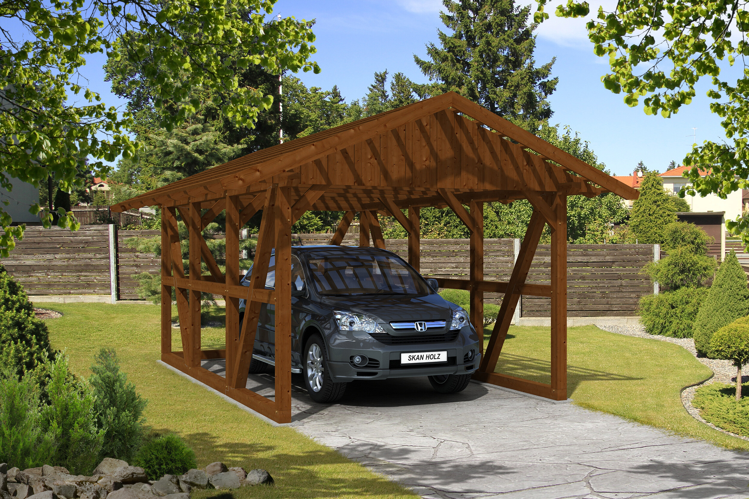 Carport SCHWARZWALD 434x600cm avec paroi arriere, lattis, KVH-bois d'épinette, traitement coloré noyer