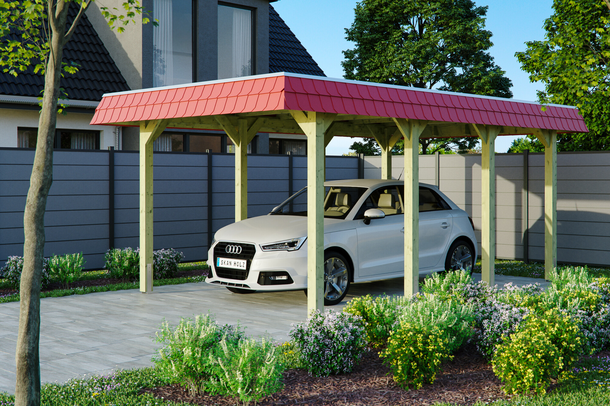 Carport SPREEWALD 345x589cm, toit en aluminium, bandeau rouge, bois résineux imprégné vert