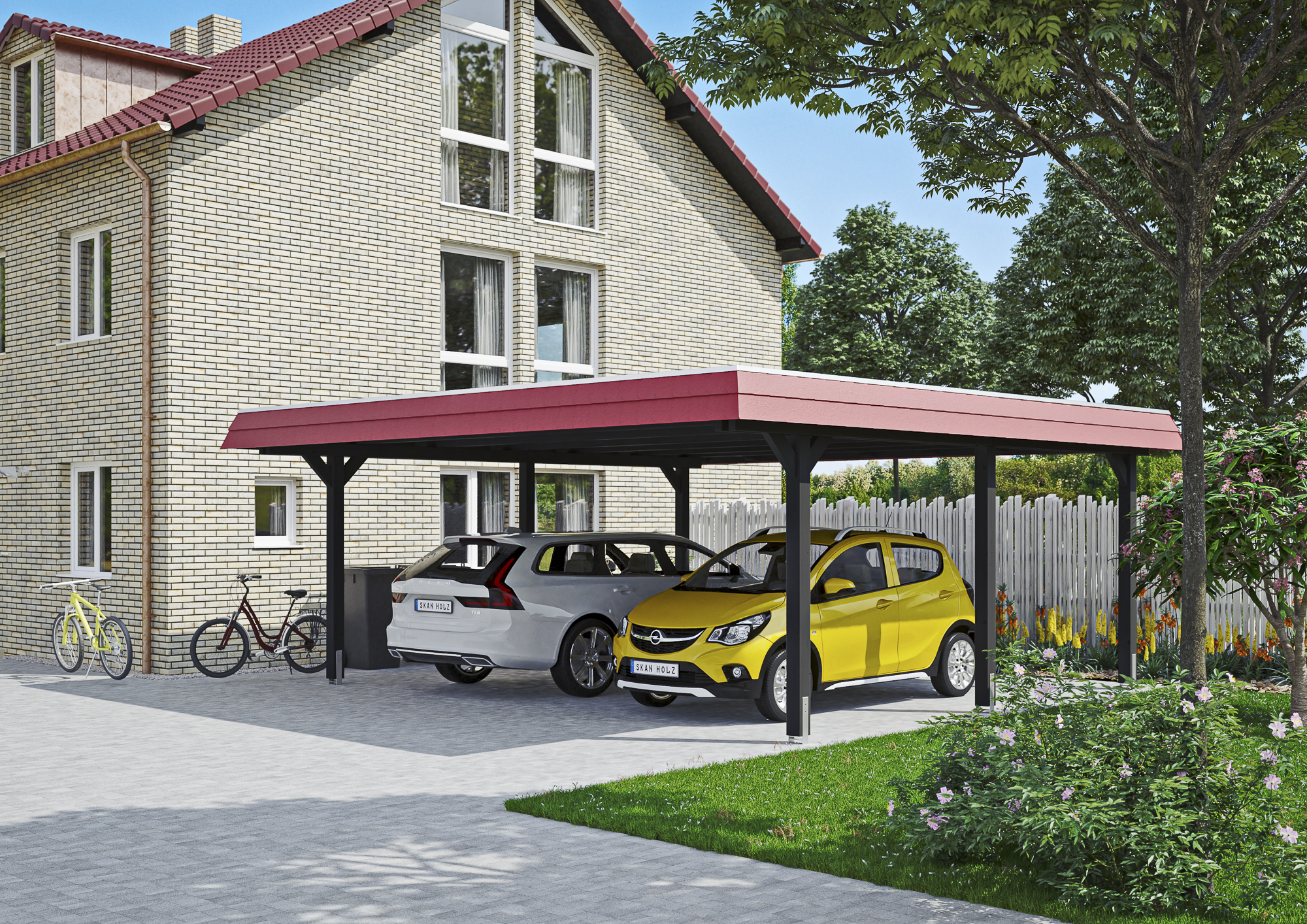 Ambientebild: Carport Wendland 630 x 637 cm, mit roter Blende, farblich behandelt in anthrazit