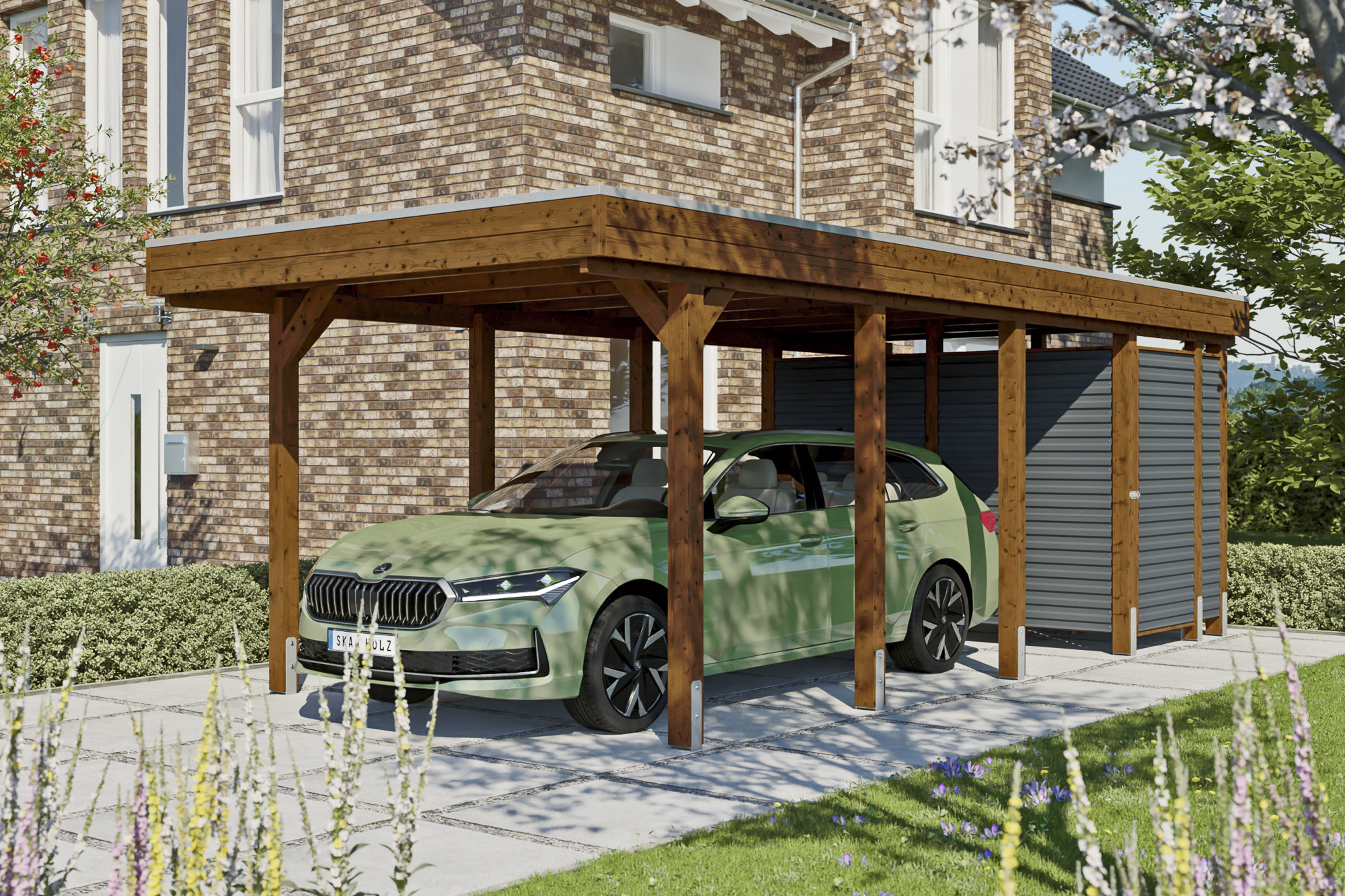 Ambientebild: Carport Friesland Set 12, 314 x 708 cm, mit Abstellraum, farblich behandelt in nussbaum