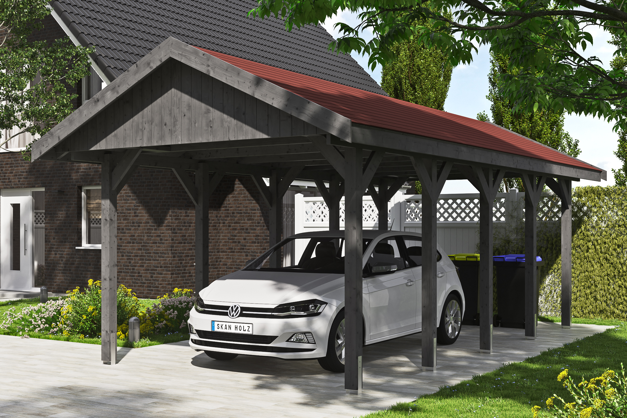 Ambientebild: Carport Wallgau 380 x 750 cm, mit roten Dachschindeln, farblich behandelt in schiefergrau