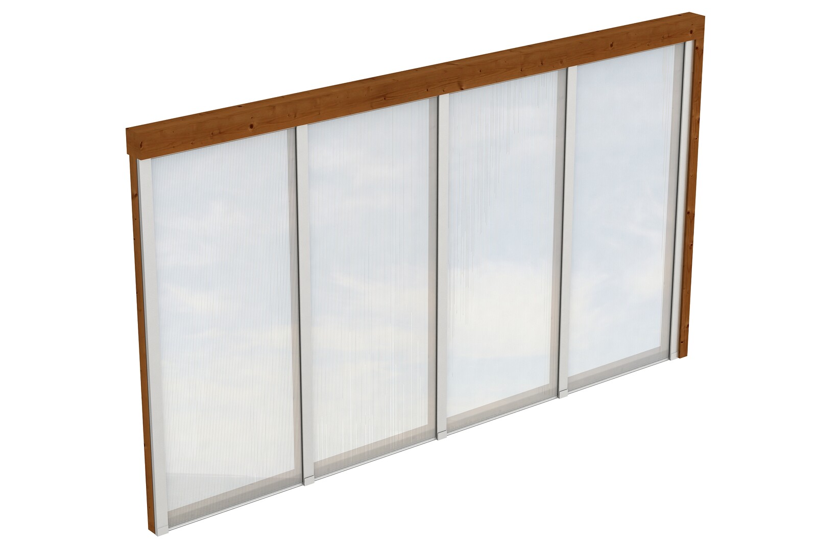 Zijwand van polycarbonaat 355 x 200 cm, voor terrasoverkapping met wandaanbouw, sparrenhout, gelakt in noten