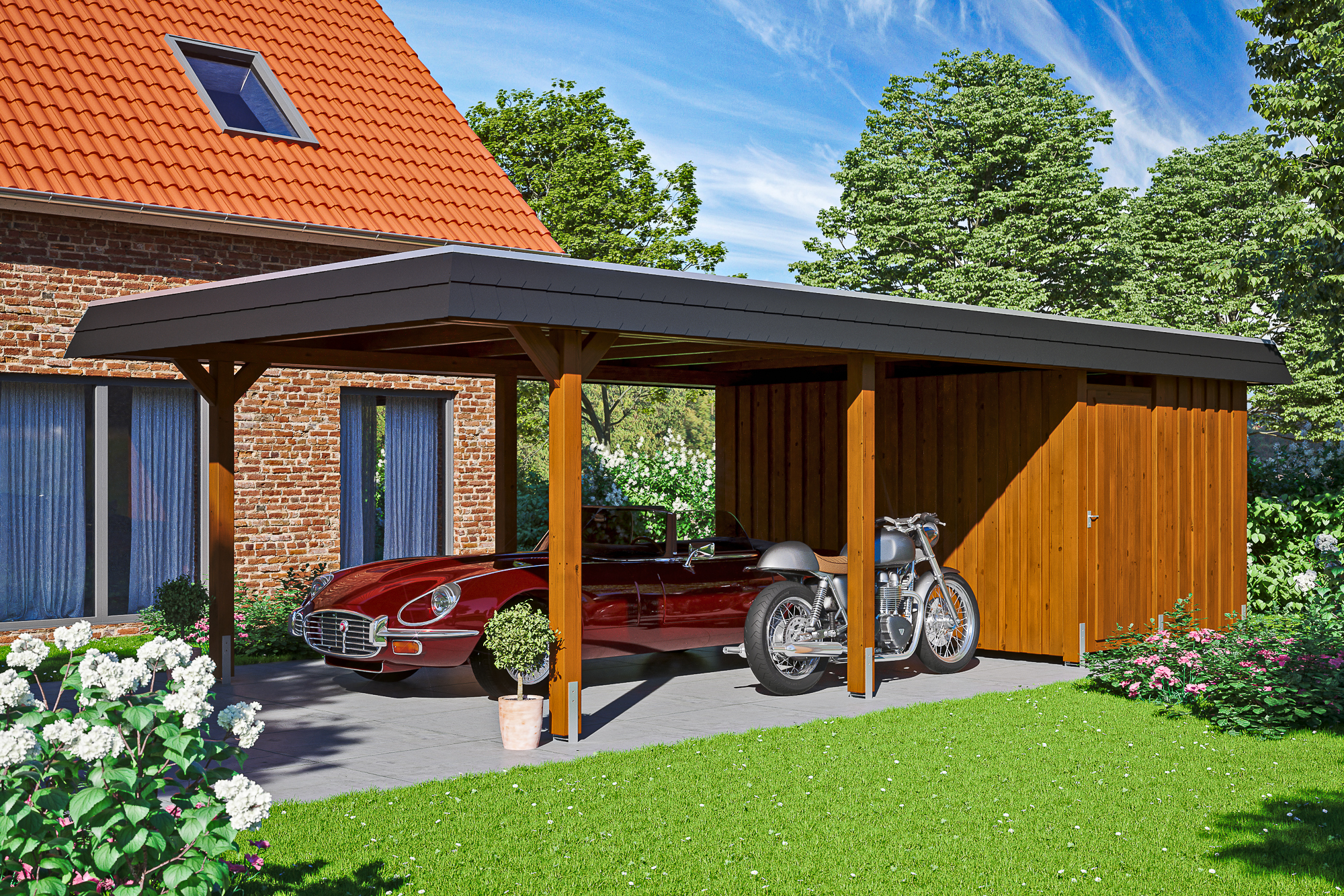 Ambientebild: Carport Wendland 409 x 870 cm, mit Abstellraum, mit schwarzer Blende, farblich behandelt in nussbaum