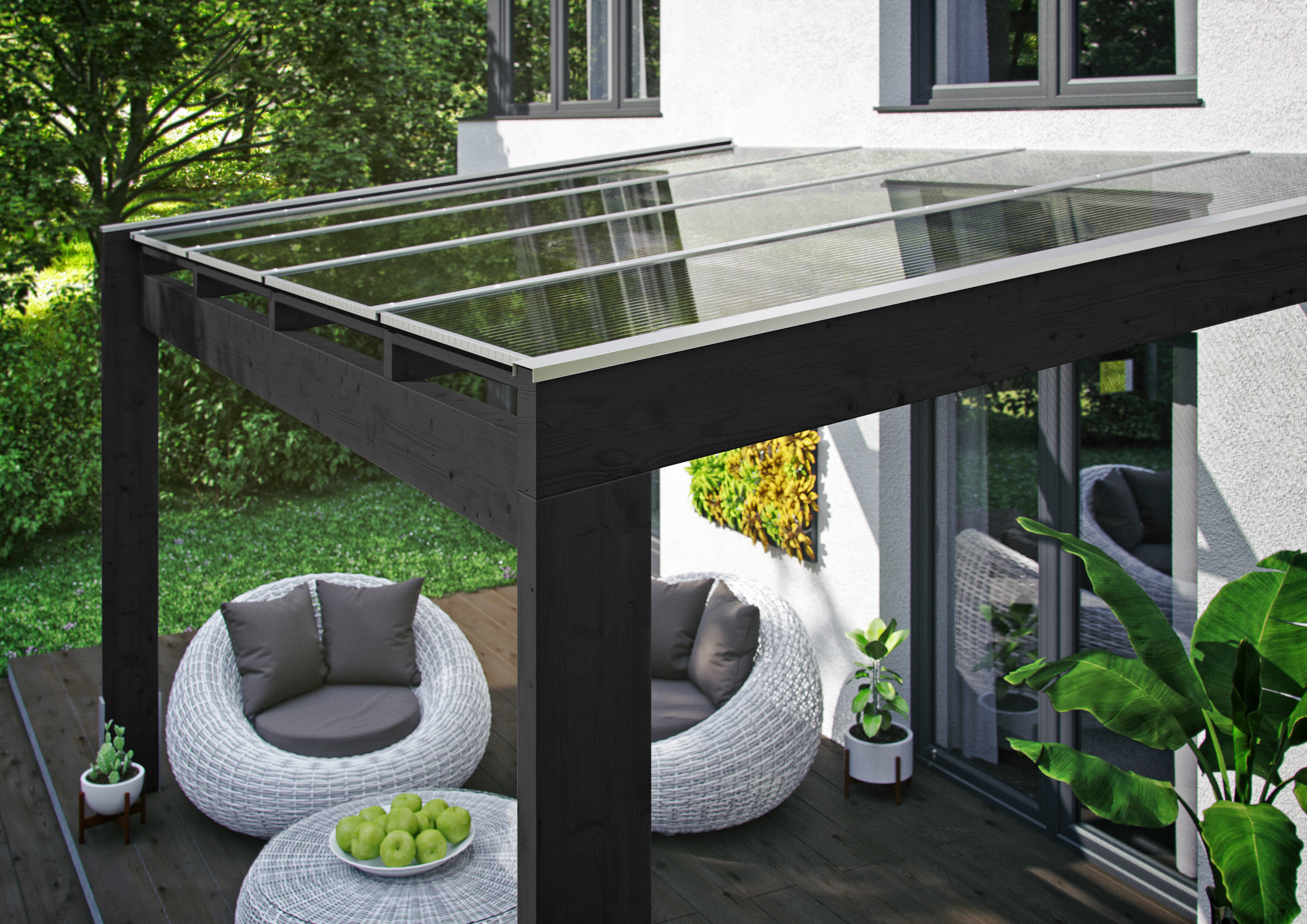 Pergola adossée NOVARA 557x259cm, bois lamellé-collé, traitement coloré anthracite