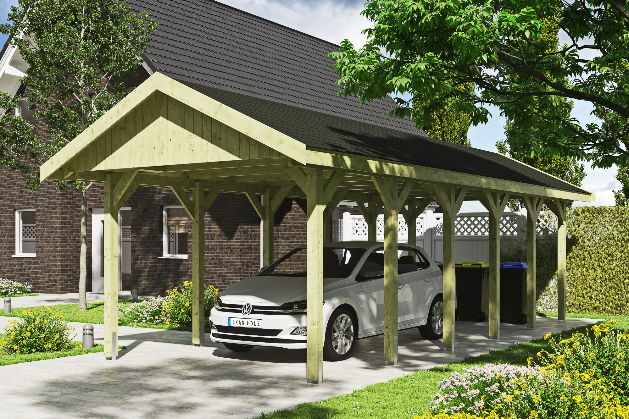Ambientebild: Carport Wallgau 380 x 900 cm, mit schwarzen Dachschindeln, grün imprägniert 