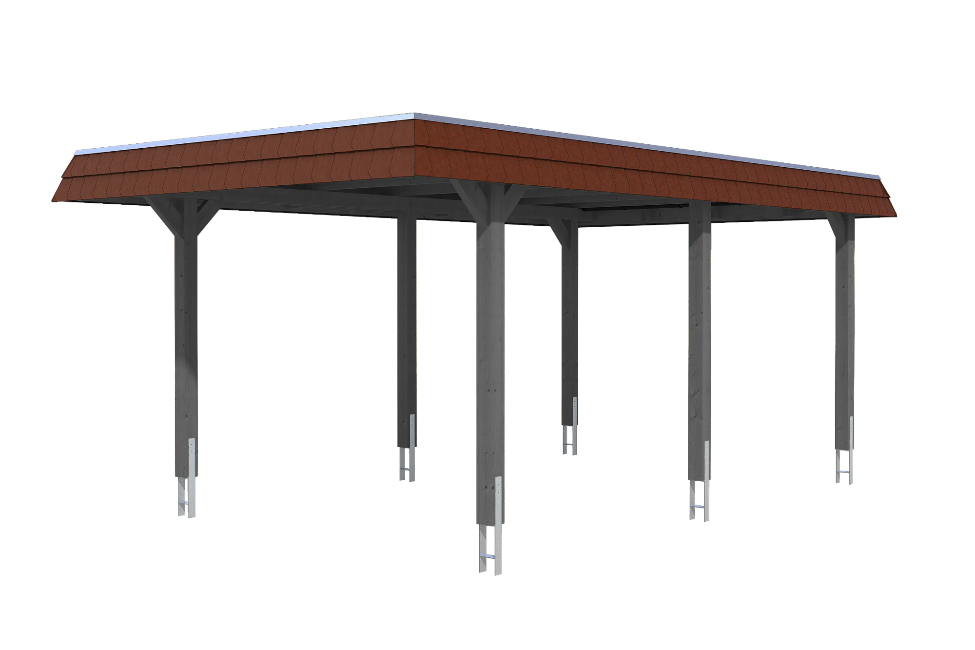 Produktbild: Carport Wendland 362 x 628 cm, mit roter Blende, farblich behandelt in schiefergrau