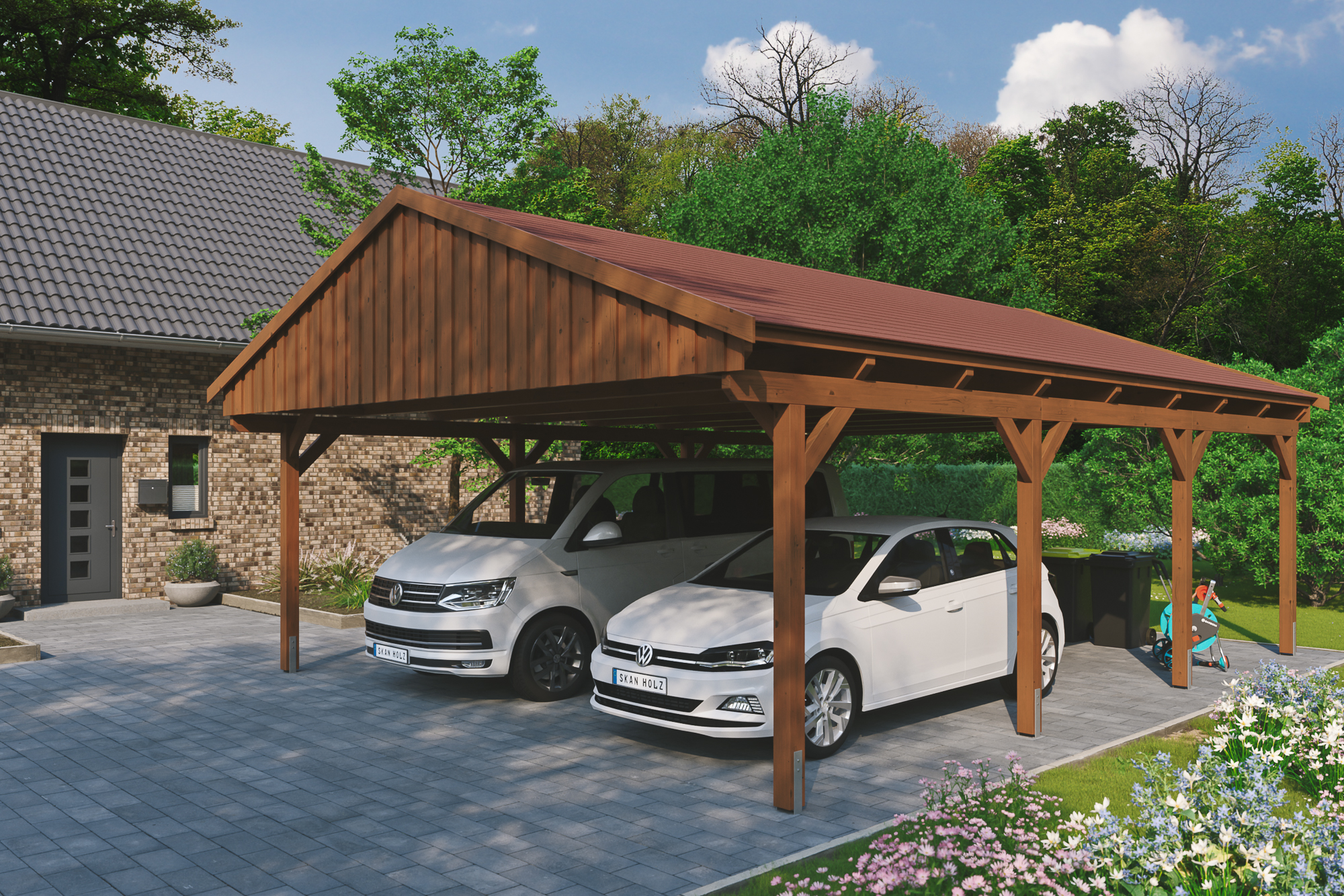 Ambientebild: Carport Fichtelberg 618 x 808 cm, farblich behandelt in nussbaum, mit roten Dachschindeln