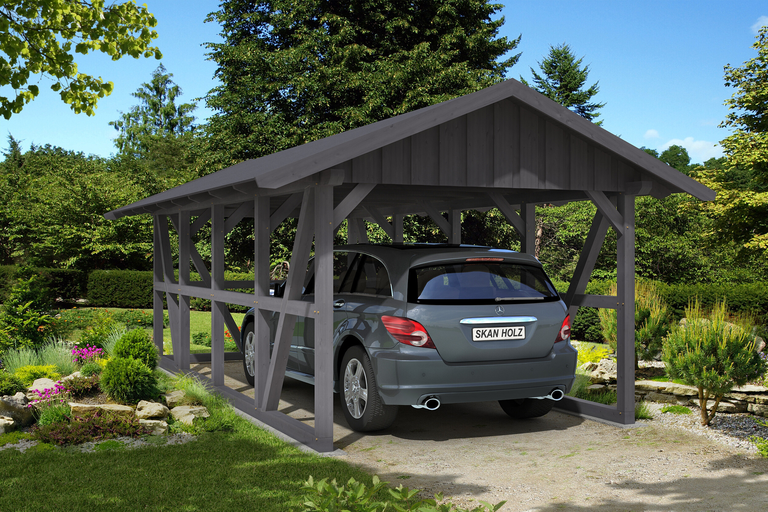 Carport SCHWARZWALD 434x772cm avec paroi arriere, planches de toit, KVH-bois d'épinette, traitement coloré gris ardoise