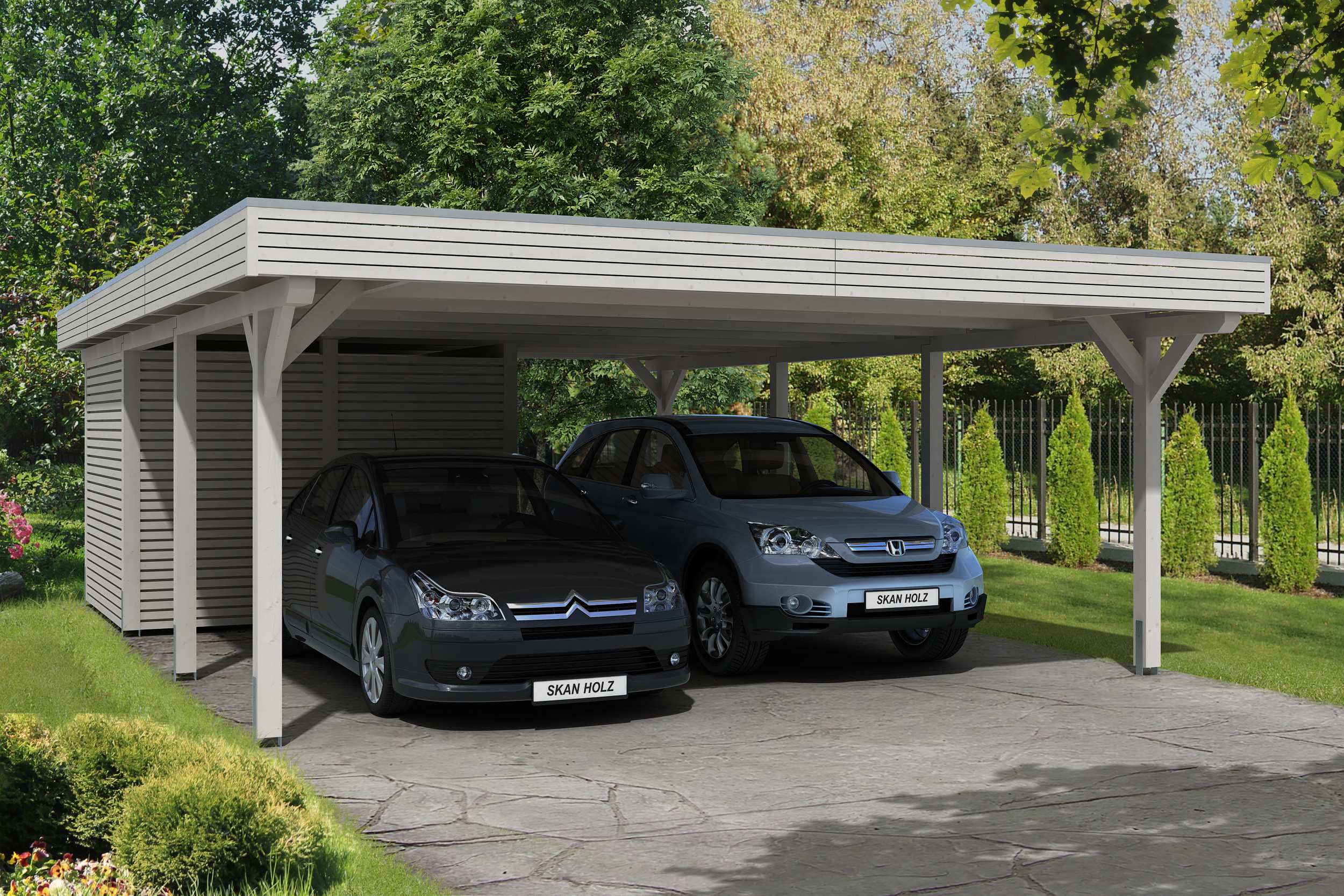 Ambientebild: Carport Spessart 611 x 846 cm mit Abstellraum, farblich behandelt in weiß