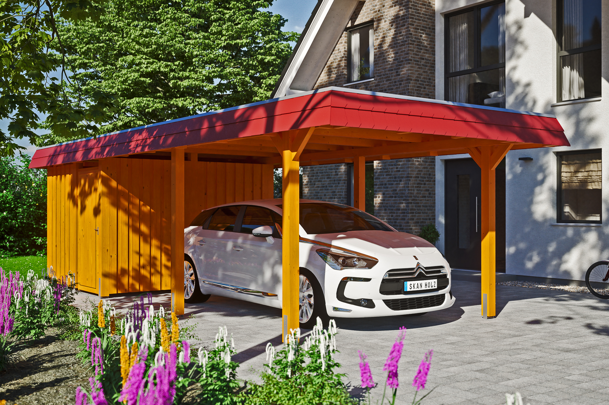 Ambientebild: Carport Wendland 362 x 870 cm, mit Abstellraum, mit roter Blende, farblich behandelt in eiche hell
