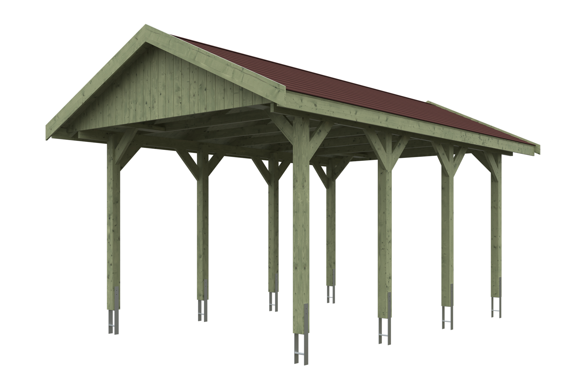 Produktbild: Carport Wallgau 380 x 600 cm, mit roten Dachschindeln, grün imprägniert
