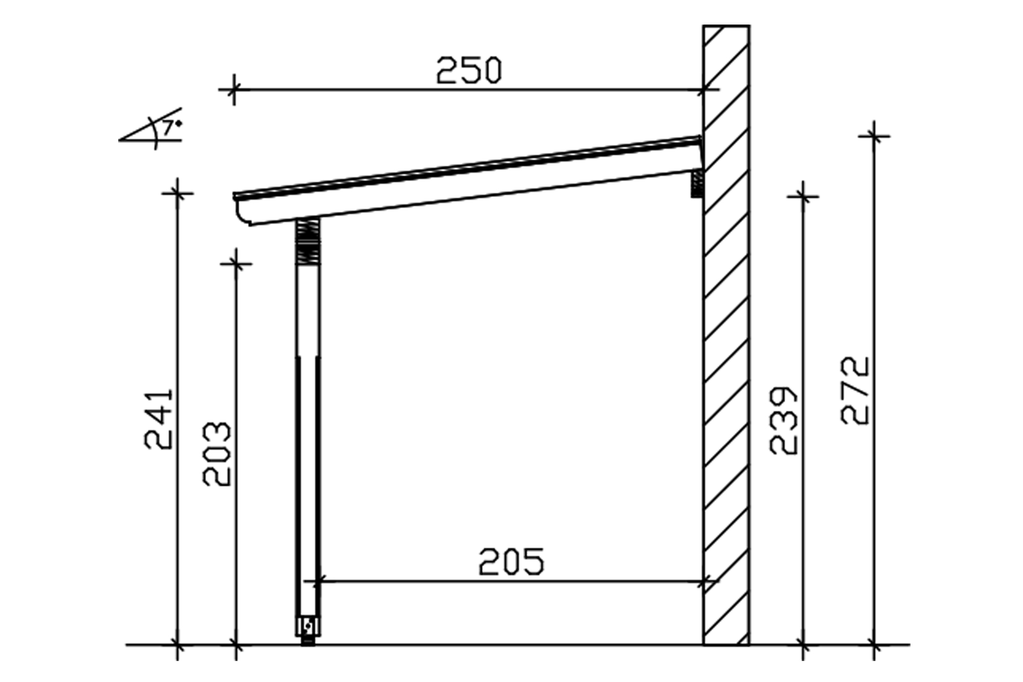 Grafik (Schnitt): Terrassenüberdachung Ravenna, Tiefe 250 cm