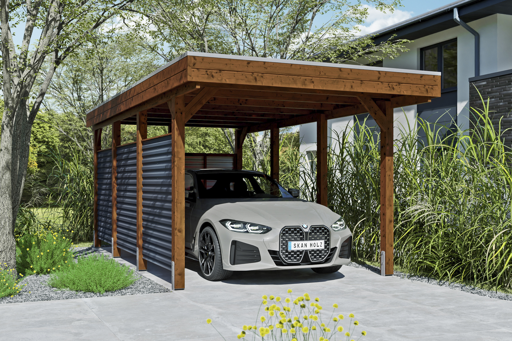 Ambientebild: Carport Friesland Set 11, 314 x 555 cm, farblich behandelt in nussbaum