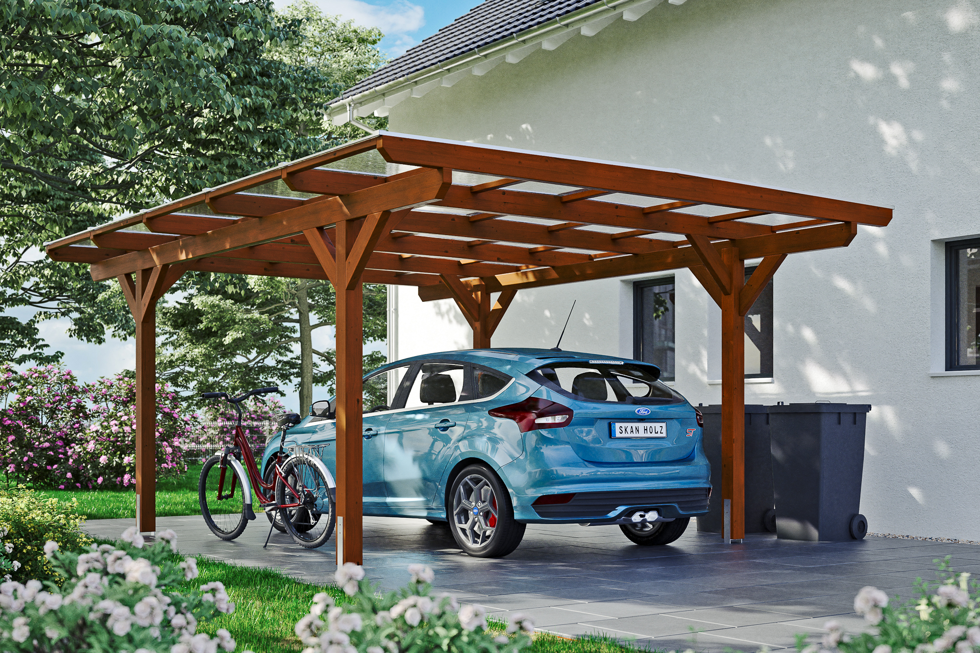 Ambientebild: Carport Odenwald 428 x 541 cm, farblich behandelt in nussbaum
