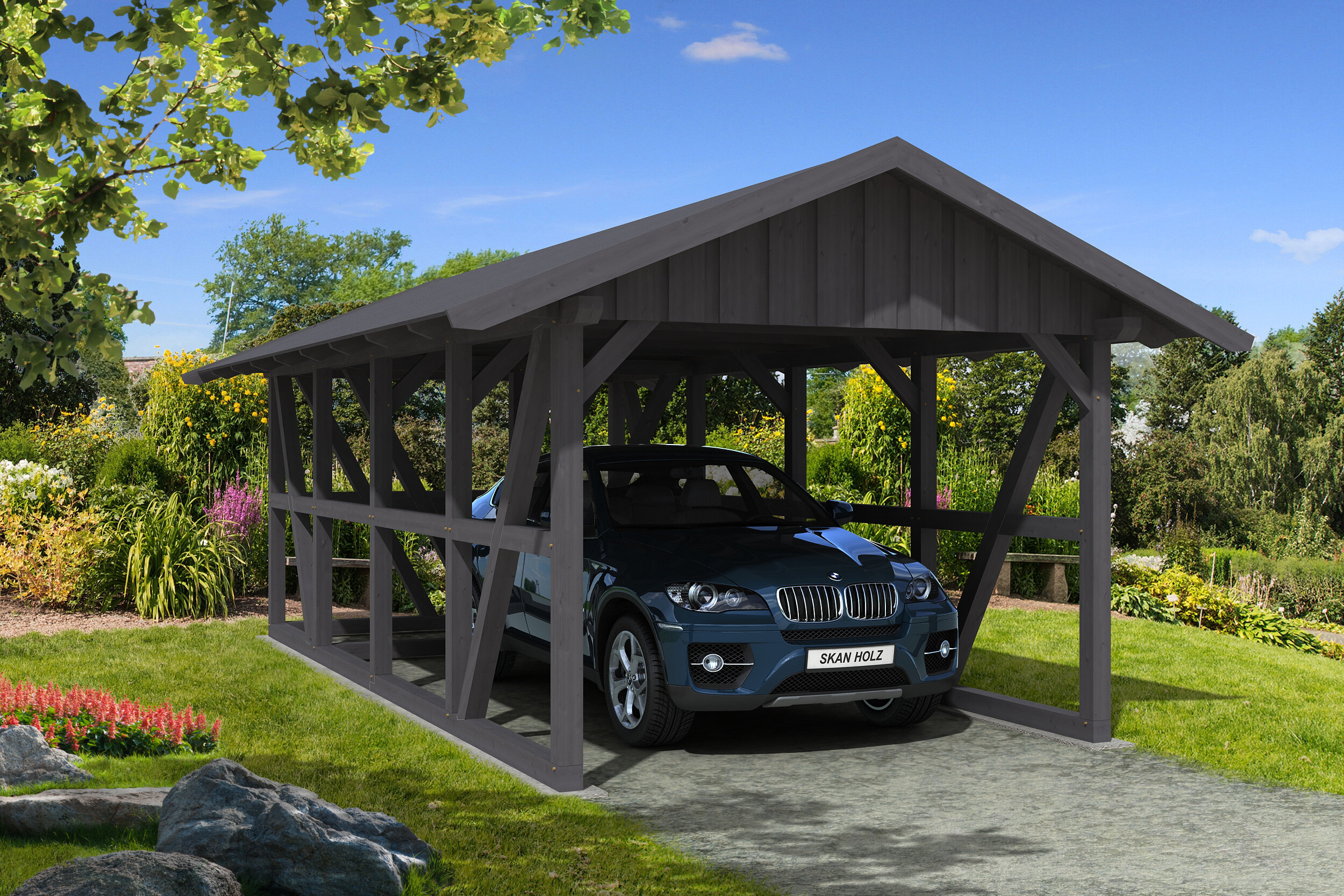 Carport Schwarzwald 424 x 772 cm with storage room, colour pre-treated slate-grey