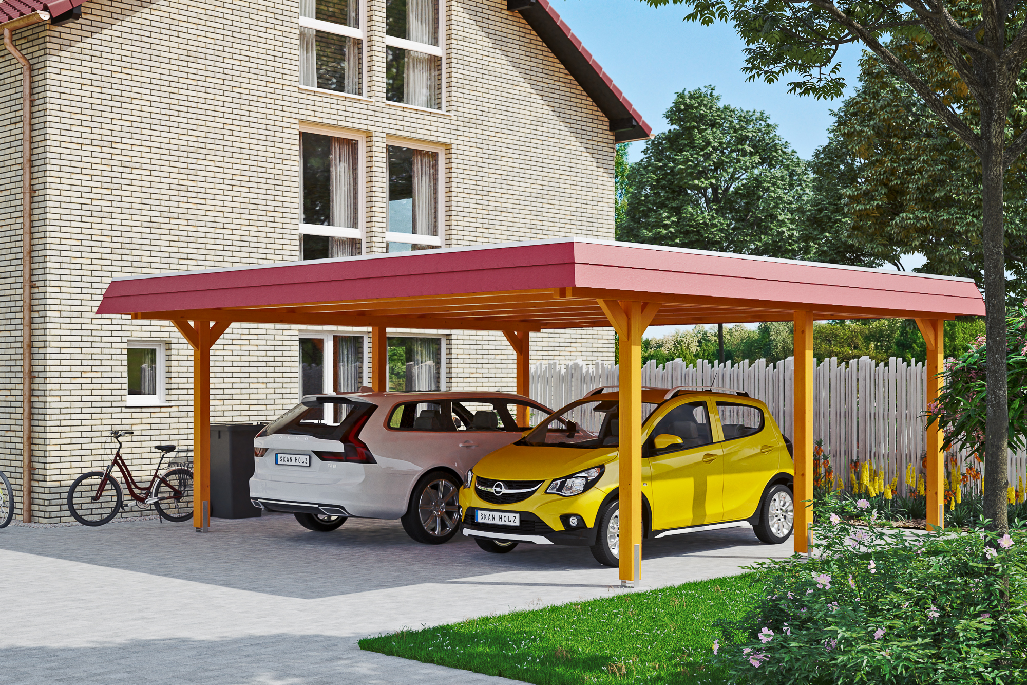 Ambientebild: Carport Wendland 630 x 637 cm, mit roter Blende, farblich behandelt in eiche hell