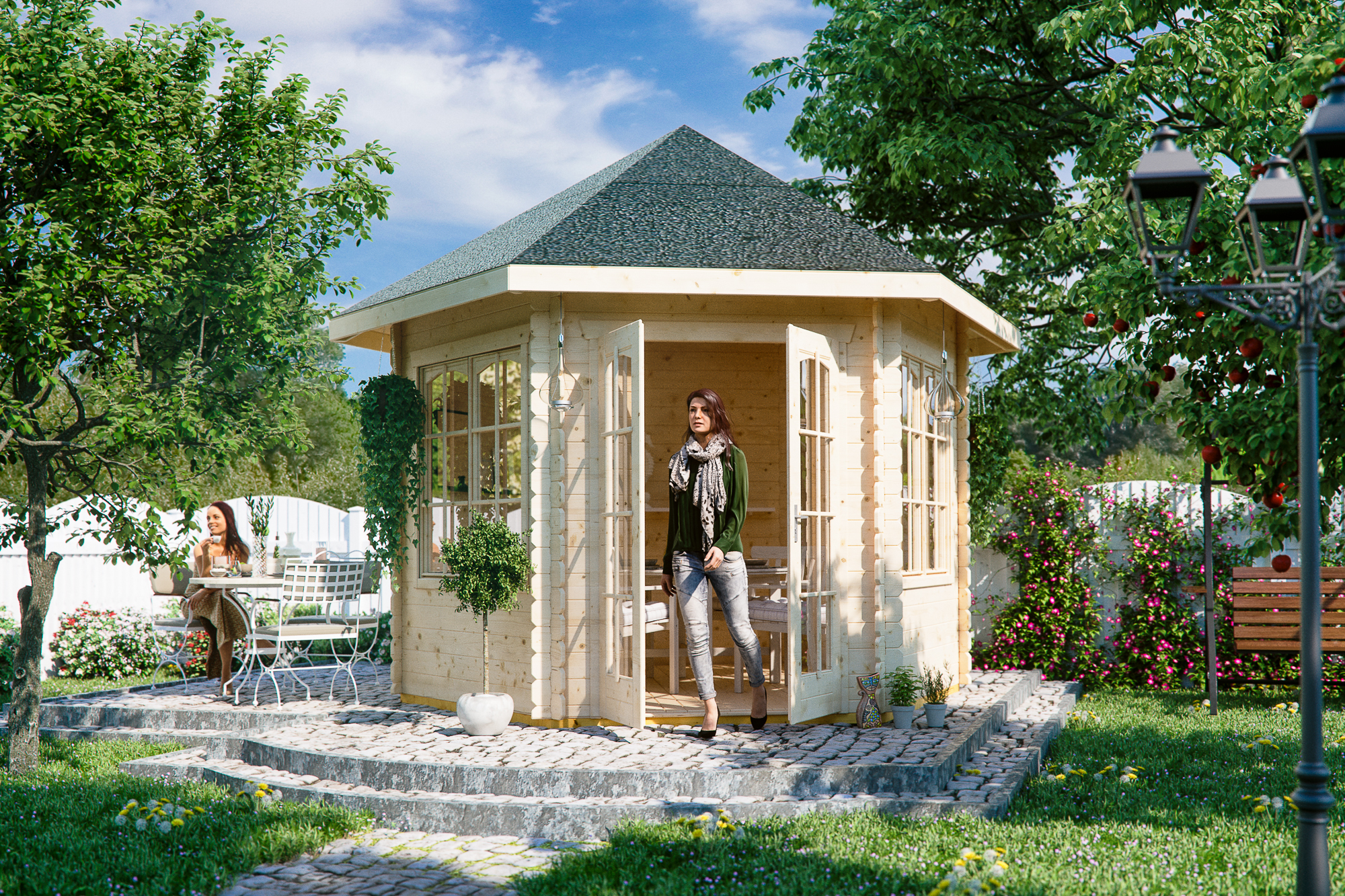 Blockbohlen-Pavillon Madeira 2, 303 x 350 cm, natur