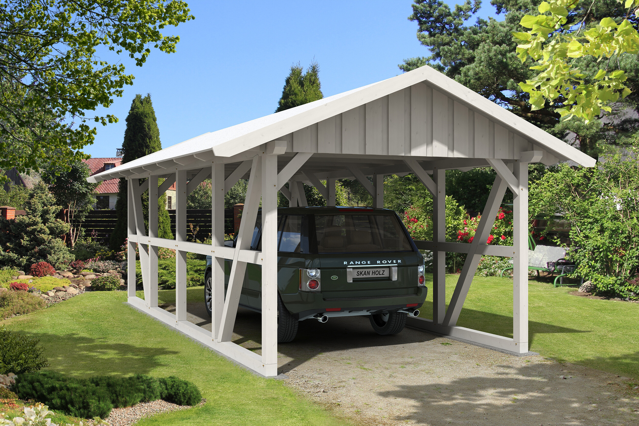 Carport Schwarzwald 424 x 772 cm, weiß, mit Dachschalung