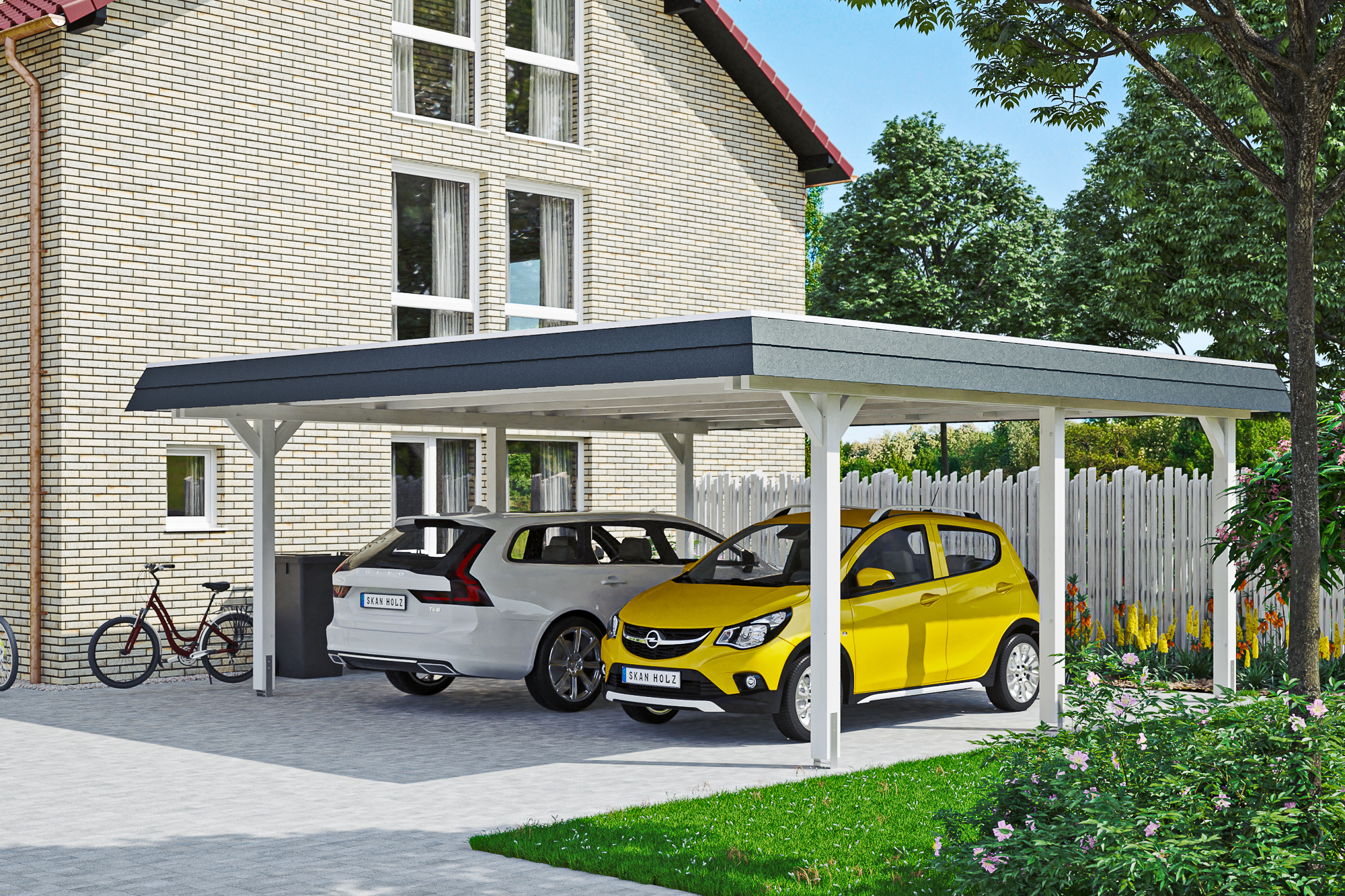 Ambientebild: Carport Wendland 630 x 637 cm, mit schwarzer Blende, farblich behandelt in weiß