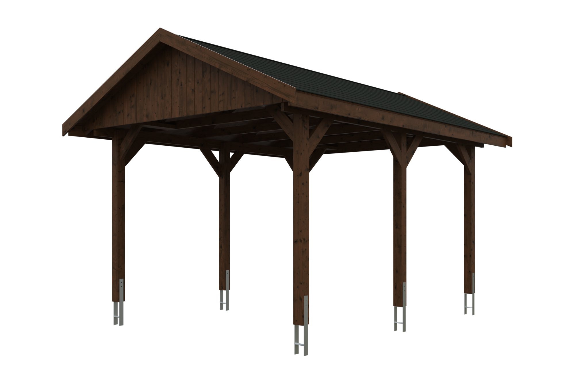 Produktbild: Carport Wallgau 380 x 500 cm, mit schwarzen Dachschindeln, farblich behandelt in nussbaum