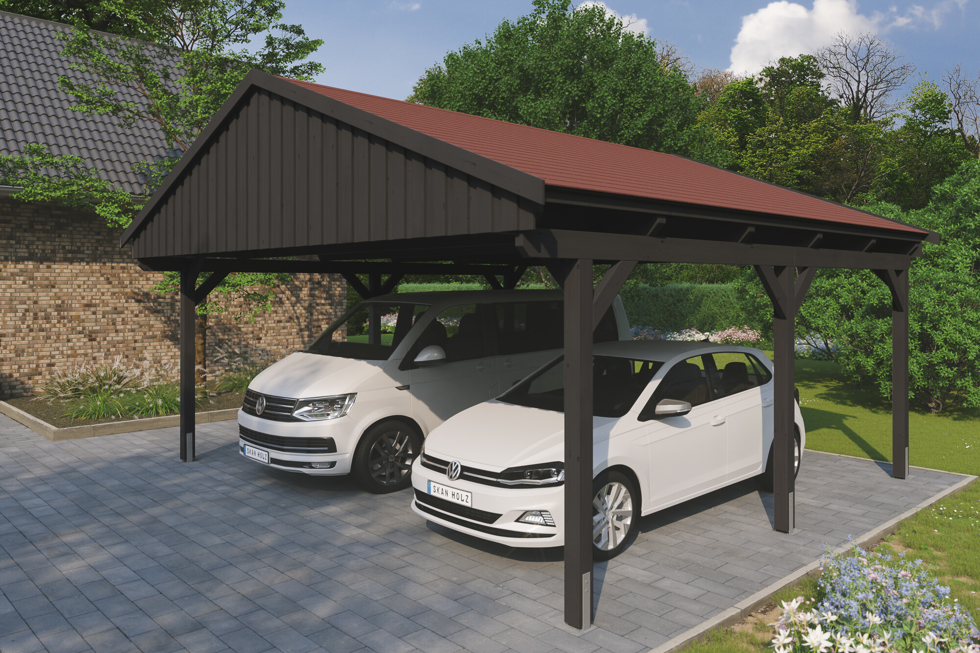 Carport Fichtelberg 618 x 566 cm, rote Schindeln, anthrazit