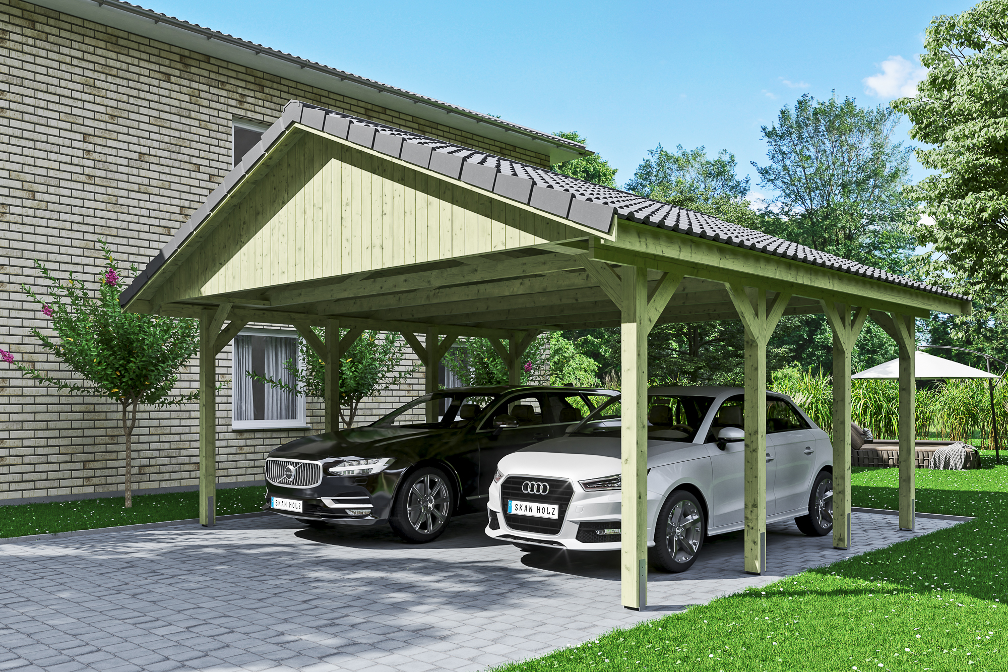 Ambientebild: Carport Wallgau 620 x 600 cm, mit Dachziegeln, grün imprägniert 