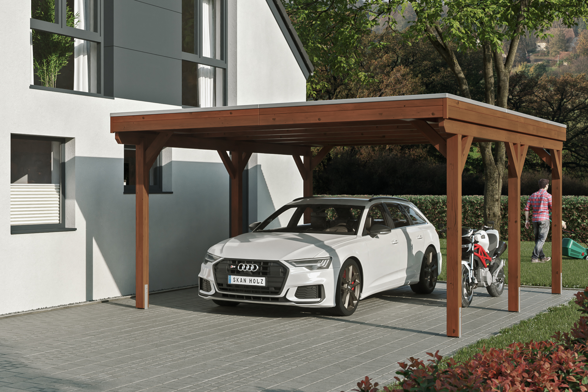 Ambientebild: Carport Grunewald 427 x 554 cm, farblich behandelt in nussbaum