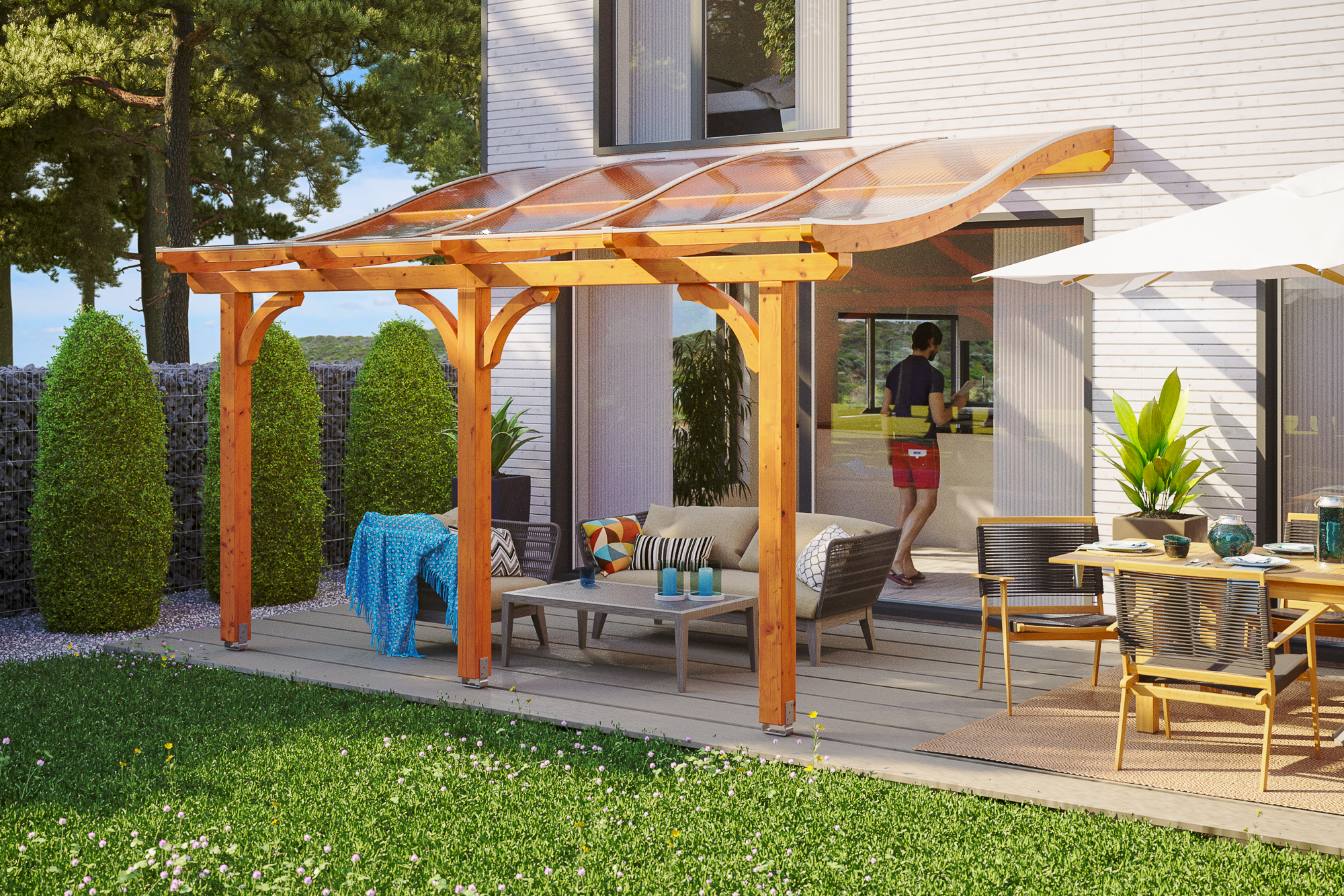 Terrasoverkapping Venezia 434 x 239 cm, gelamineerd hout, gelakt in licht eiken