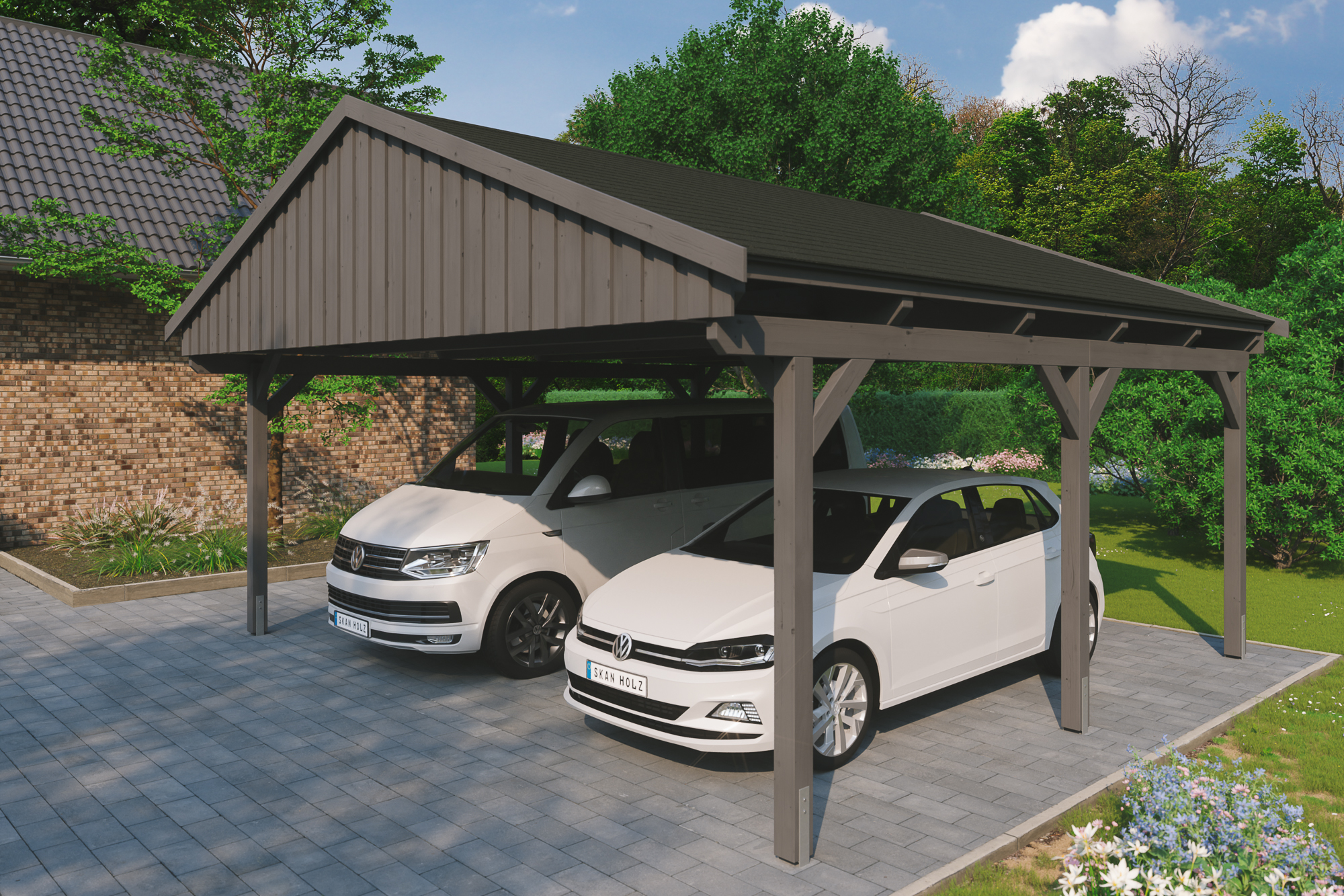 Ambientebild: Carport Fichtelberg 618 x 566 cm, farblich behandelt in schiefergrau, mit schwarzen Dachschindeln