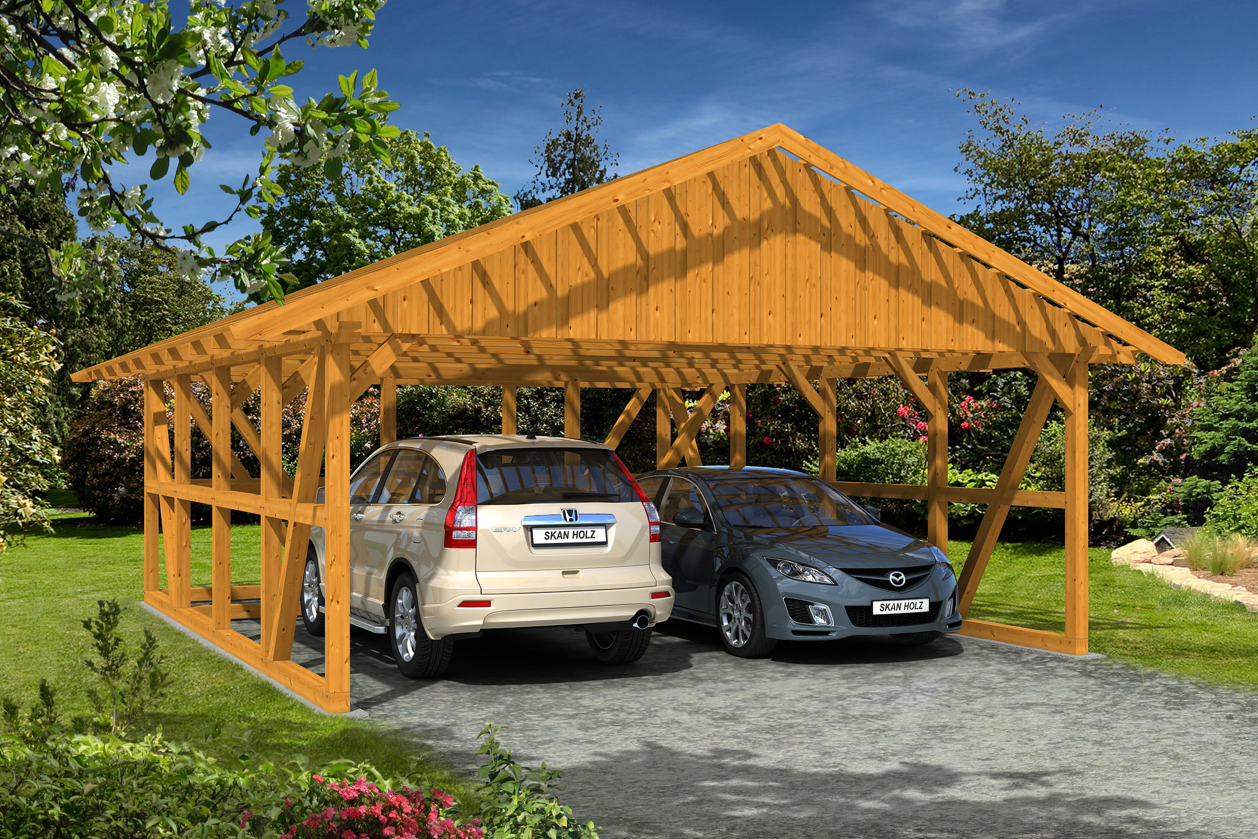 Carport Schwarzwald 684 x 772 cm, met bergruimte 560cm, met daklatten, gelakt in licht eiken