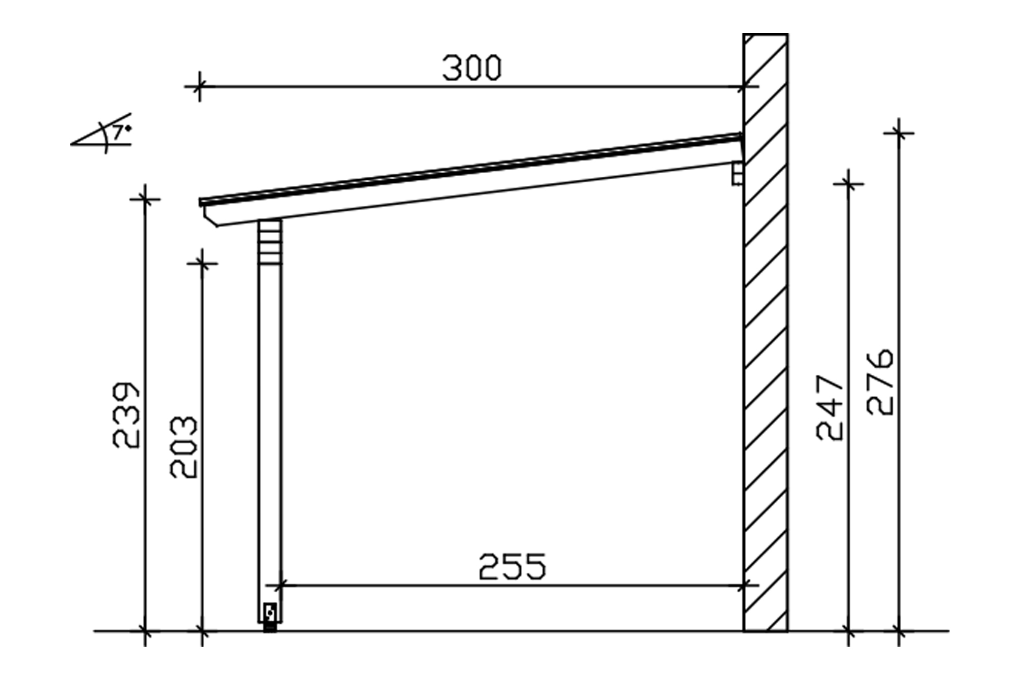 Grafik (Schnitt): Terrassenüberdachung Ancona, Tiefe 300 cm