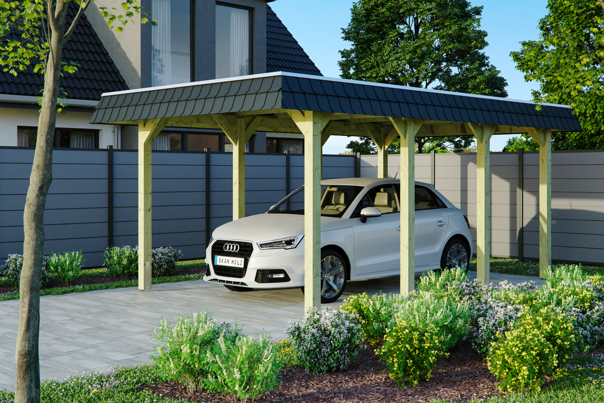 Ambientebild: Carport Spreewald 345 x 589 cm mit schwarzer Blende, grün imprgniert