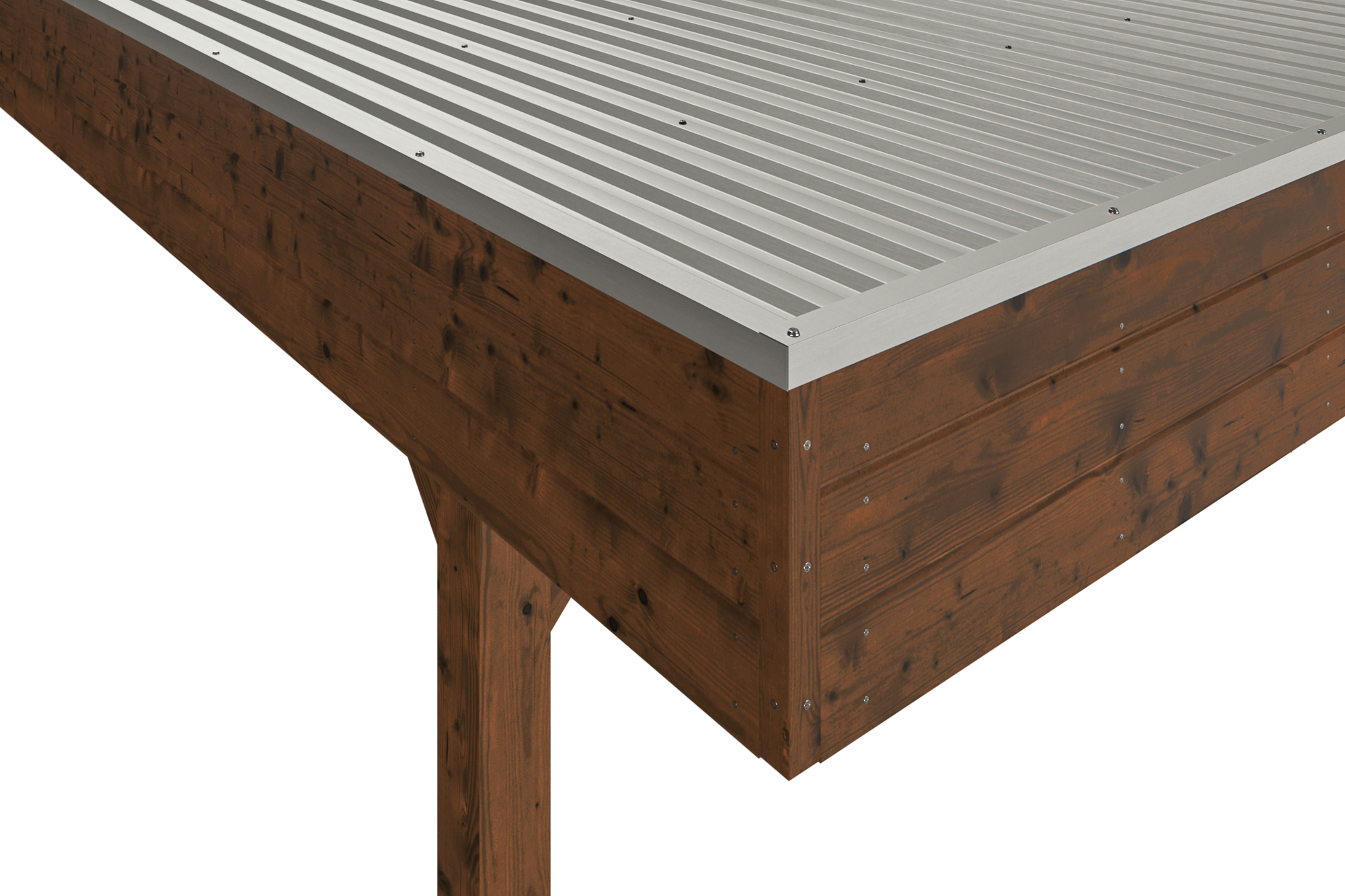 Detailbild: Aluminiumdachplatten und Dachblende beim Doppelcarport Friesland, farblich behandelt in nussbaum