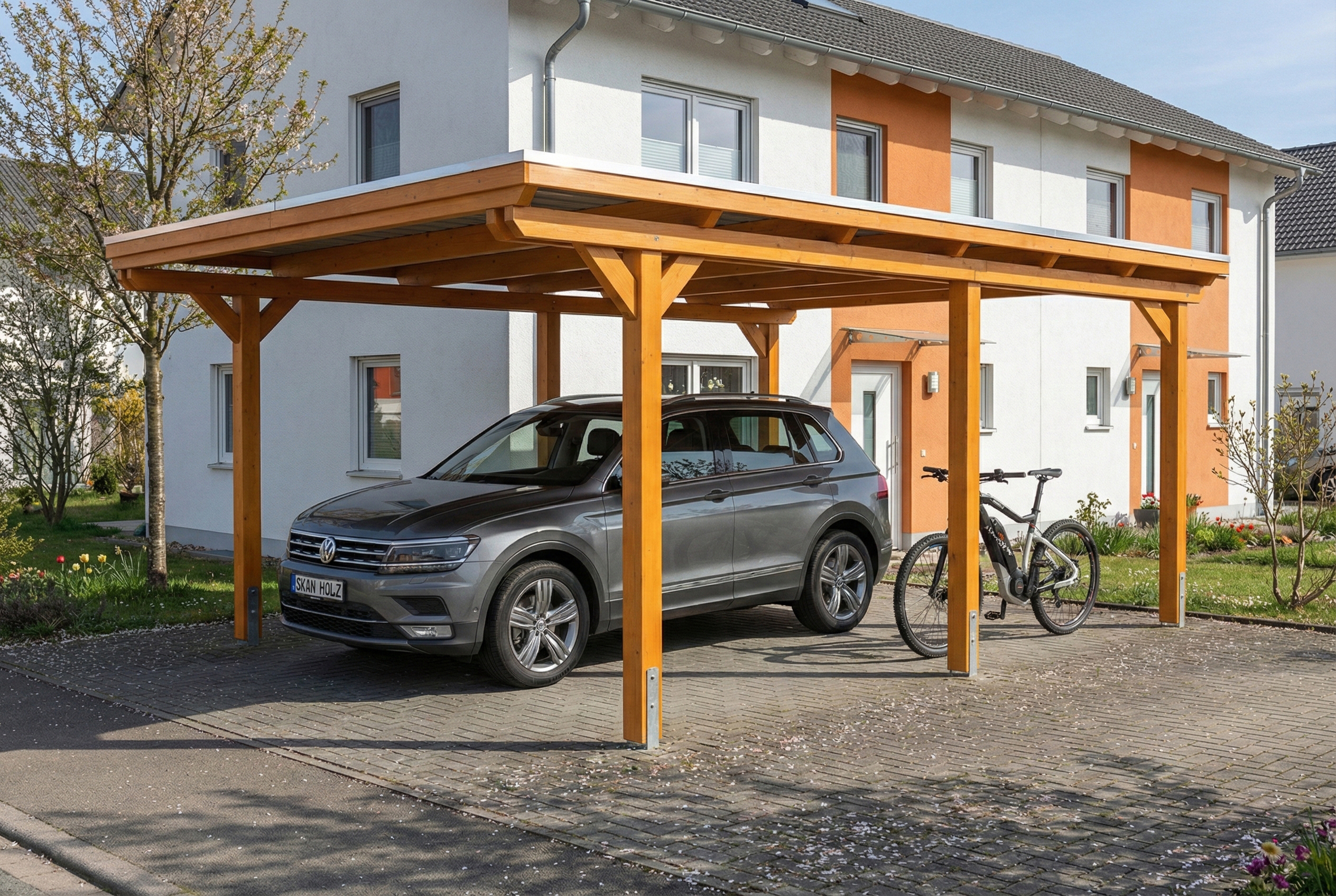 Carport Emsland 402 x 604 cm, stalen dakplaten met antiek condensvlies, licht eiken