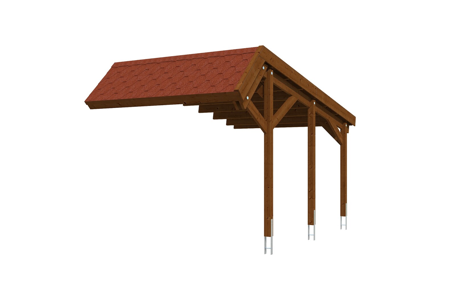 Extension pour Carport HARZ 303x560cm, avec bardeaux rouges, bois résineux imprégné, traitement coloré noyer