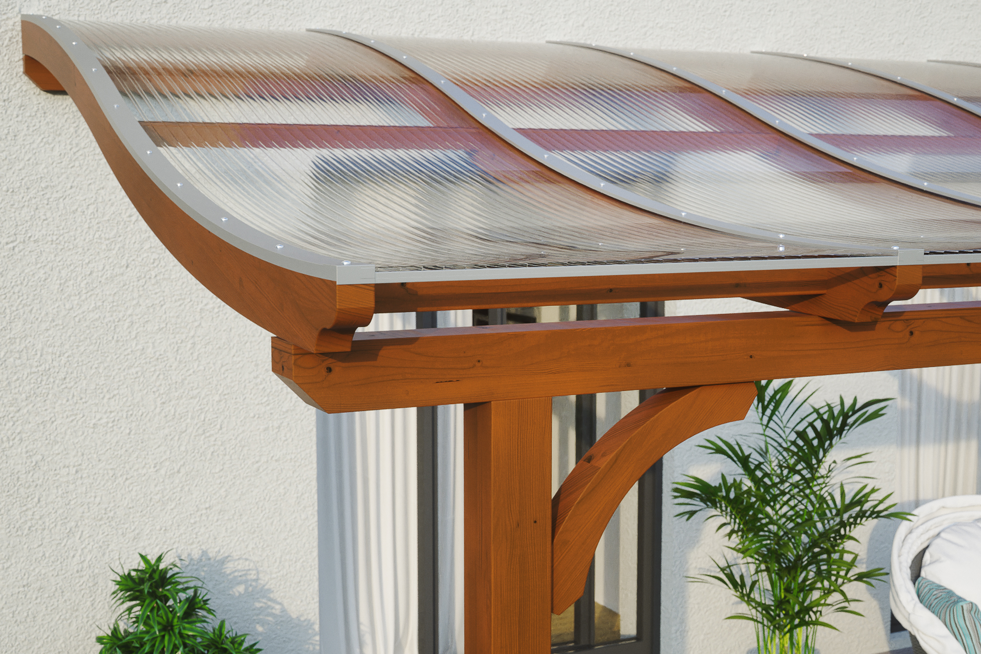 Detailbild einer Terrassenüberdachung Venezia farblich behandelt in nussbaum mit Blick seitlich auf das Dach