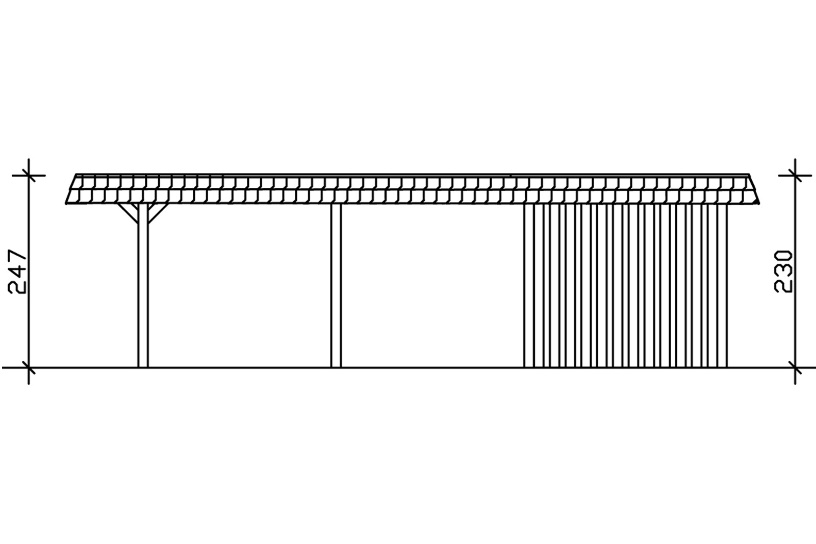 Carport WENDLAND 409x870cm avec remise, toit en aluminium, bandeau rouge, bois lamellé-collé, traitement coloré noyer